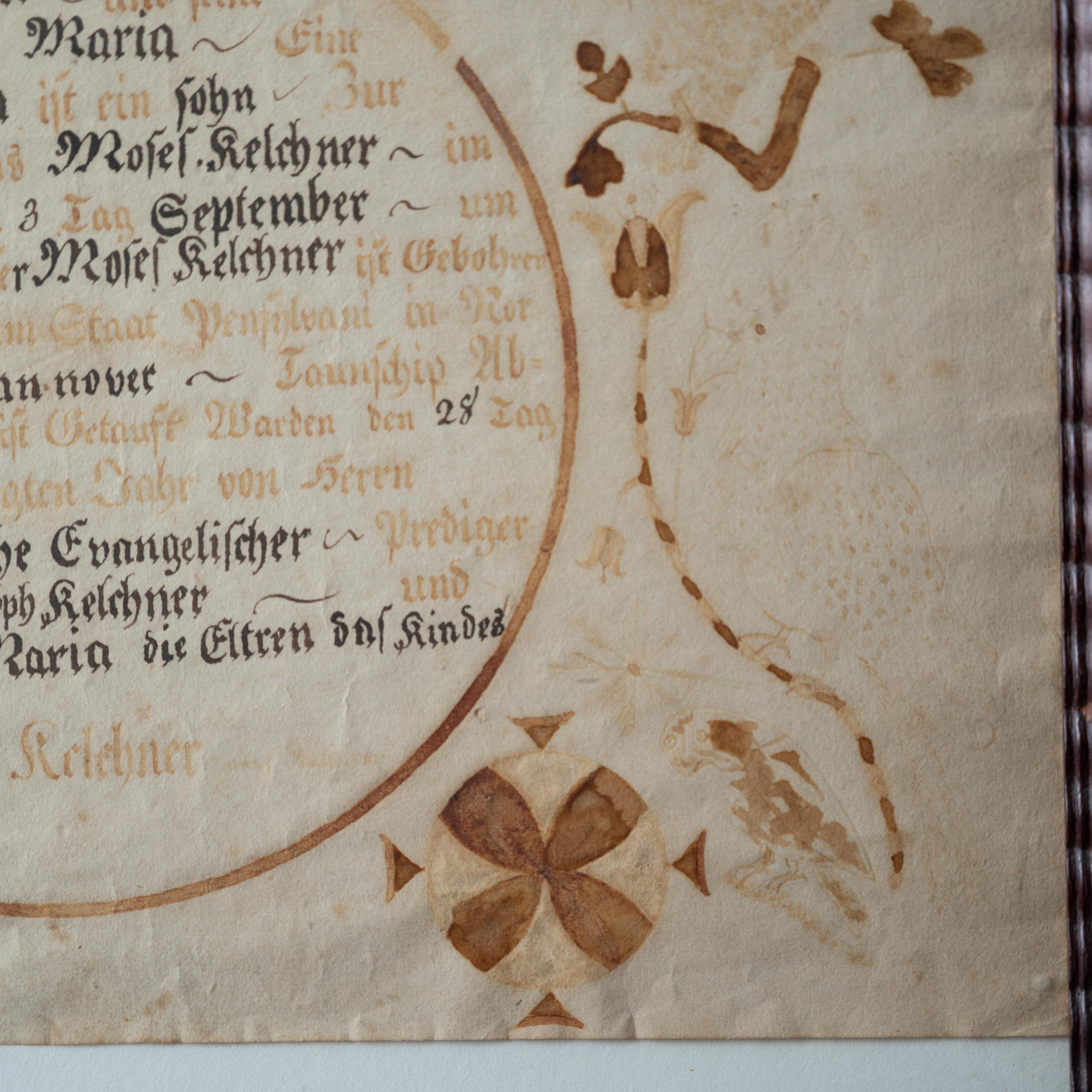 Fraktur-Geburts- und Taufschein Moses Kelchner, Northampton Co., 1834 im Angebot 2