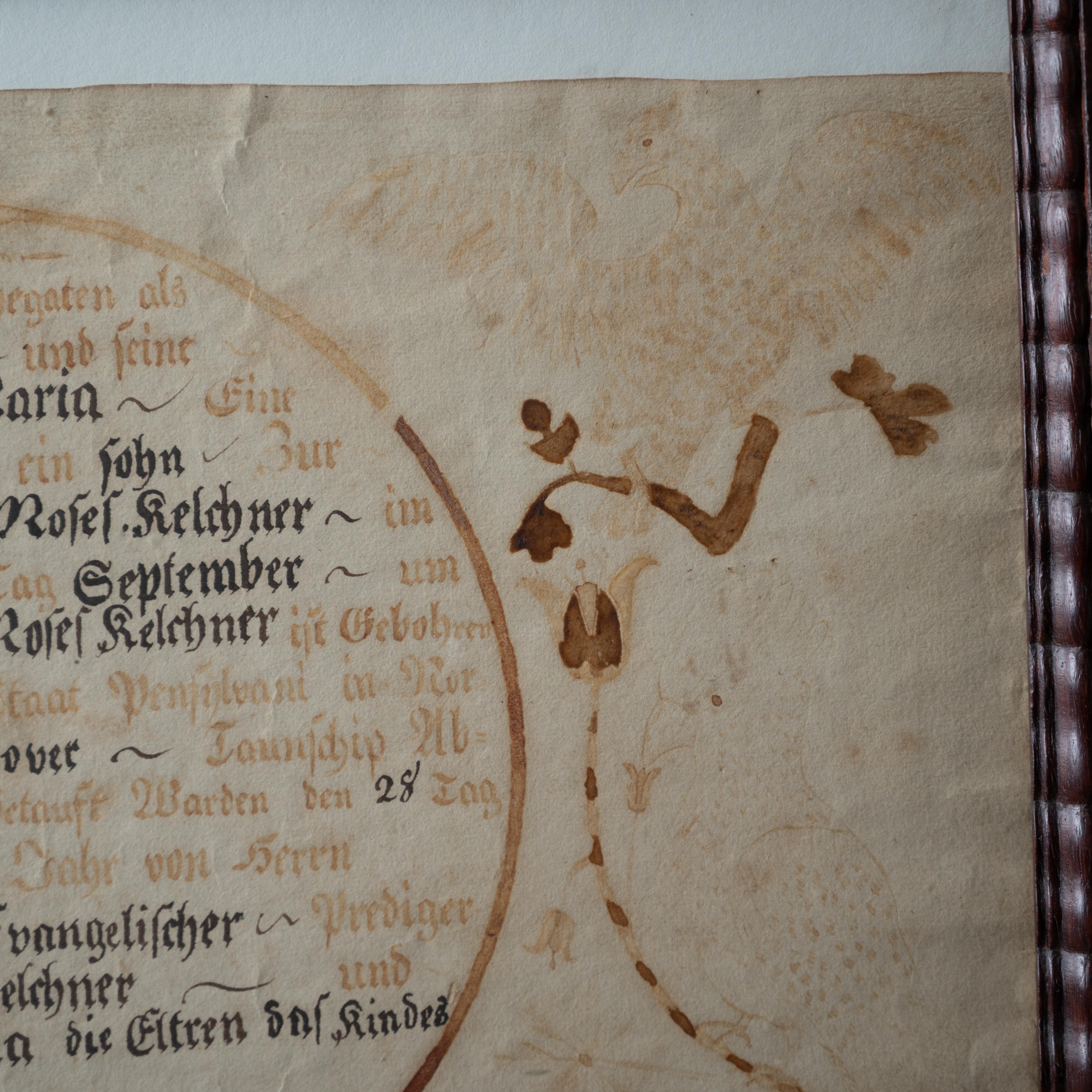 Fraktur-Geburts- und Taufschein Moses Kelchner, Northampton Co., 1834 im Angebot 3