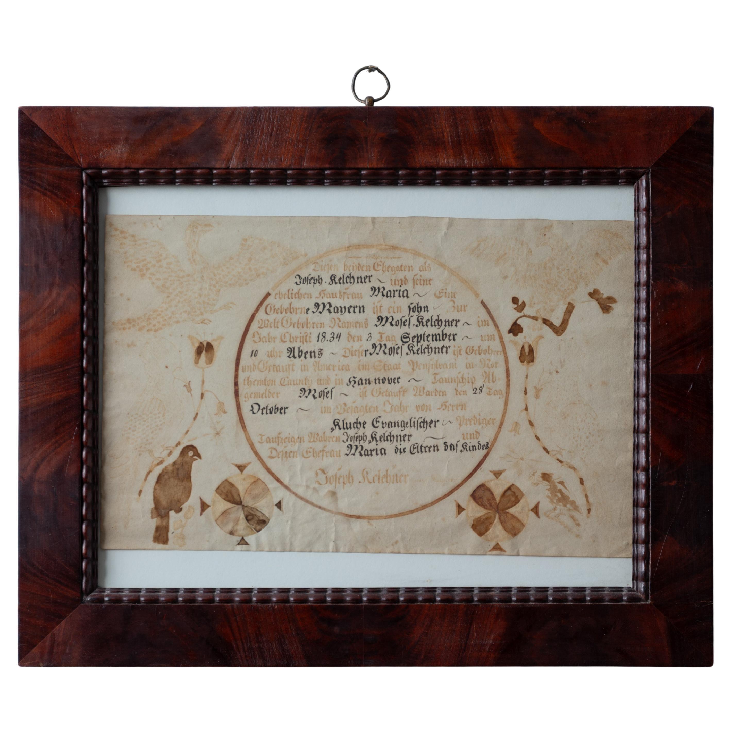 Fraktur-Geburts- und Taufschein Moses Kelchner, Northampton Co., 1834 im Angebot