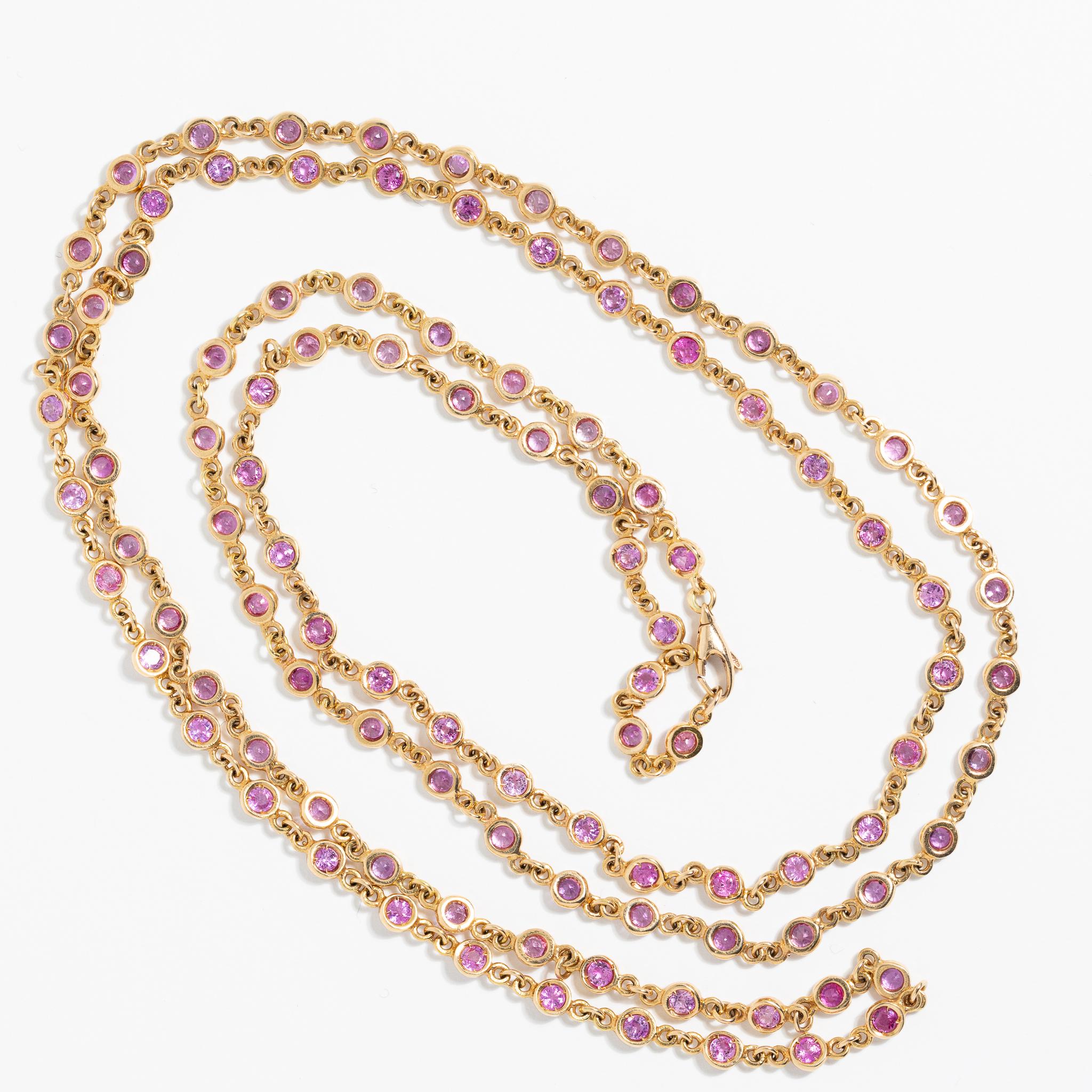Modern Fraleoni 18 Kt. Rose Gold Pink Sapphires Long Necklace For Sale