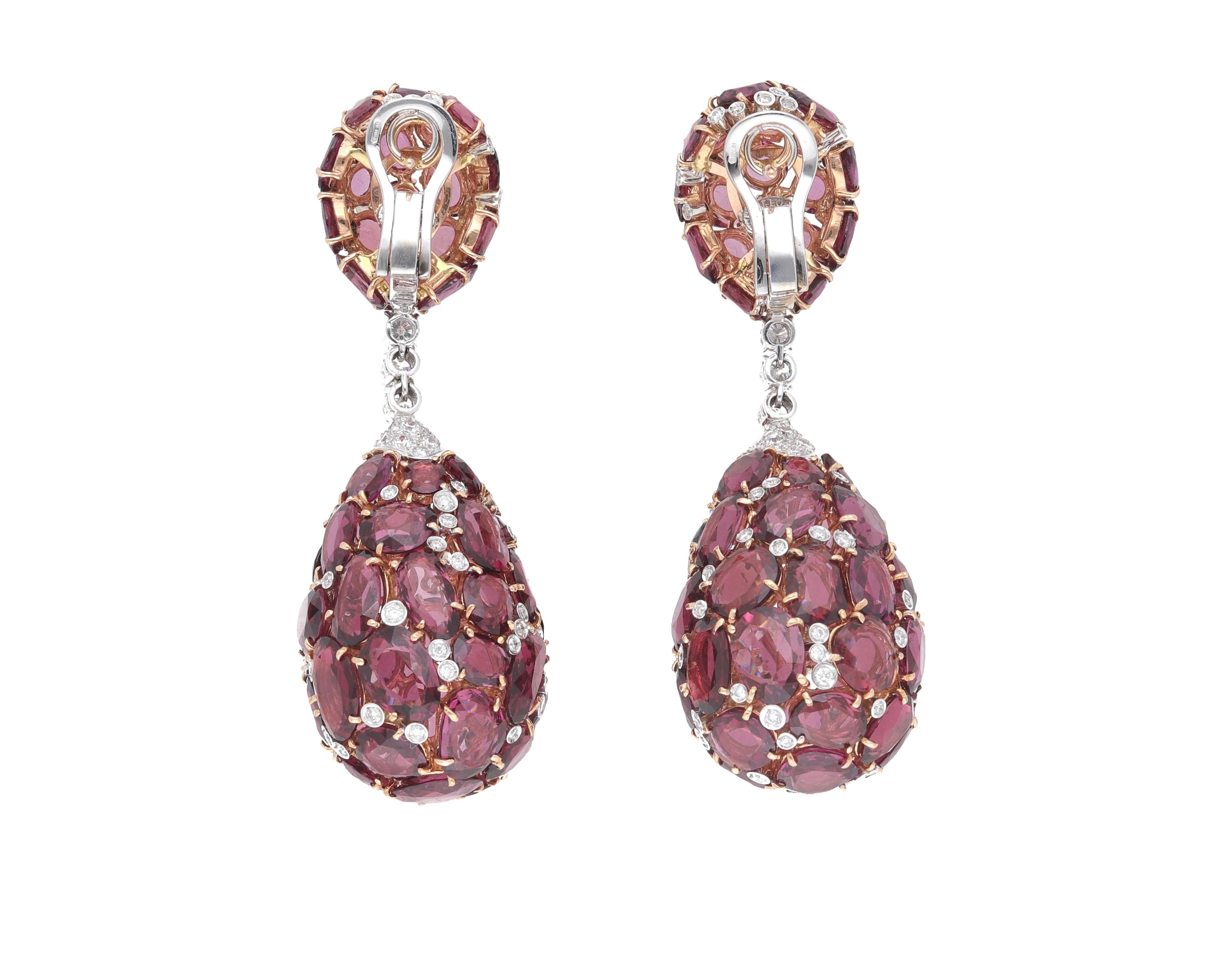 Fraleoni 18 Kt. White and Rose Gold Diamond Rodolite Pendant Earrings In New Condition For Sale In Rome, IT