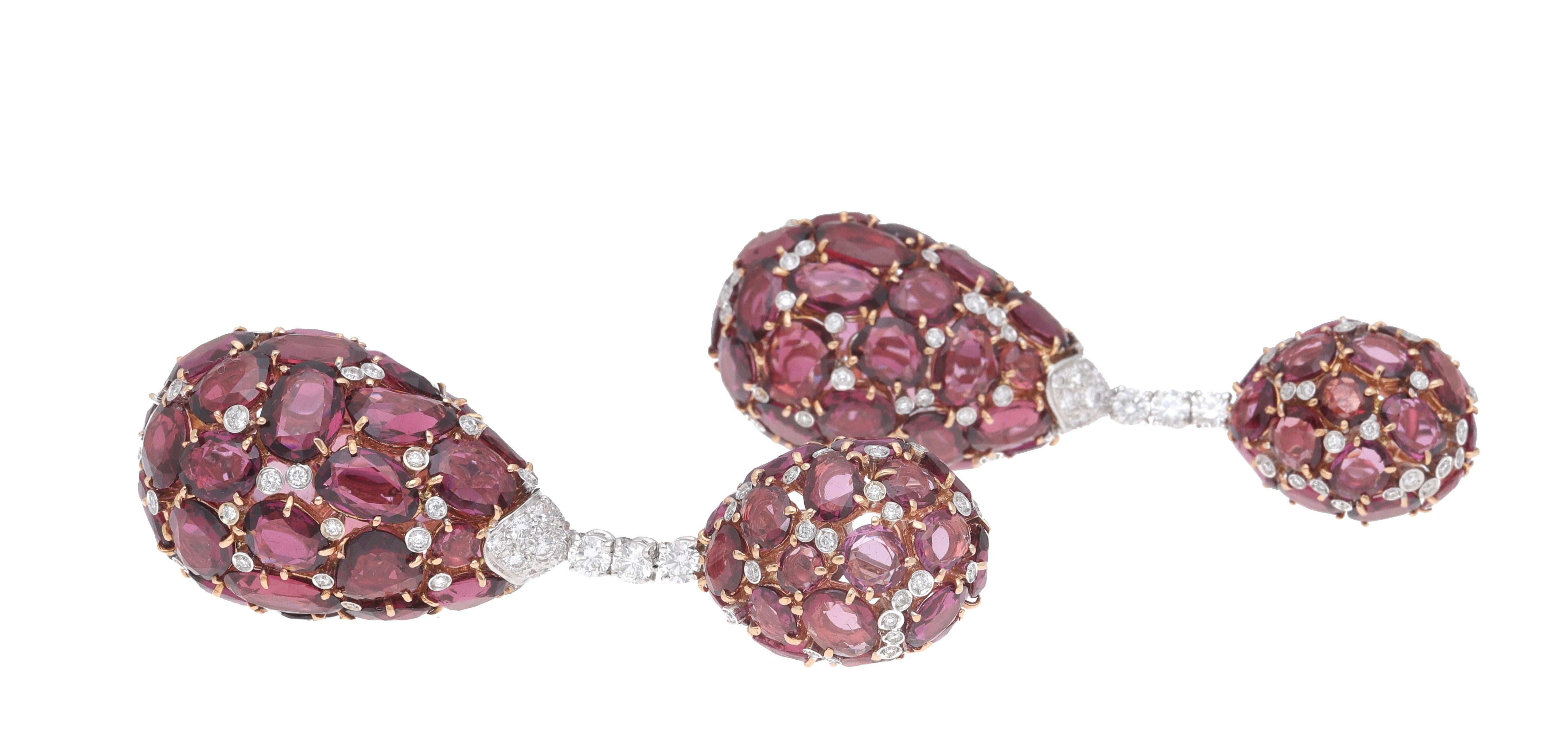 Rose Cut Fraleoni 18 Kt. White and Rose Gold Diamond Rodolite Pendant Earrings in vendita