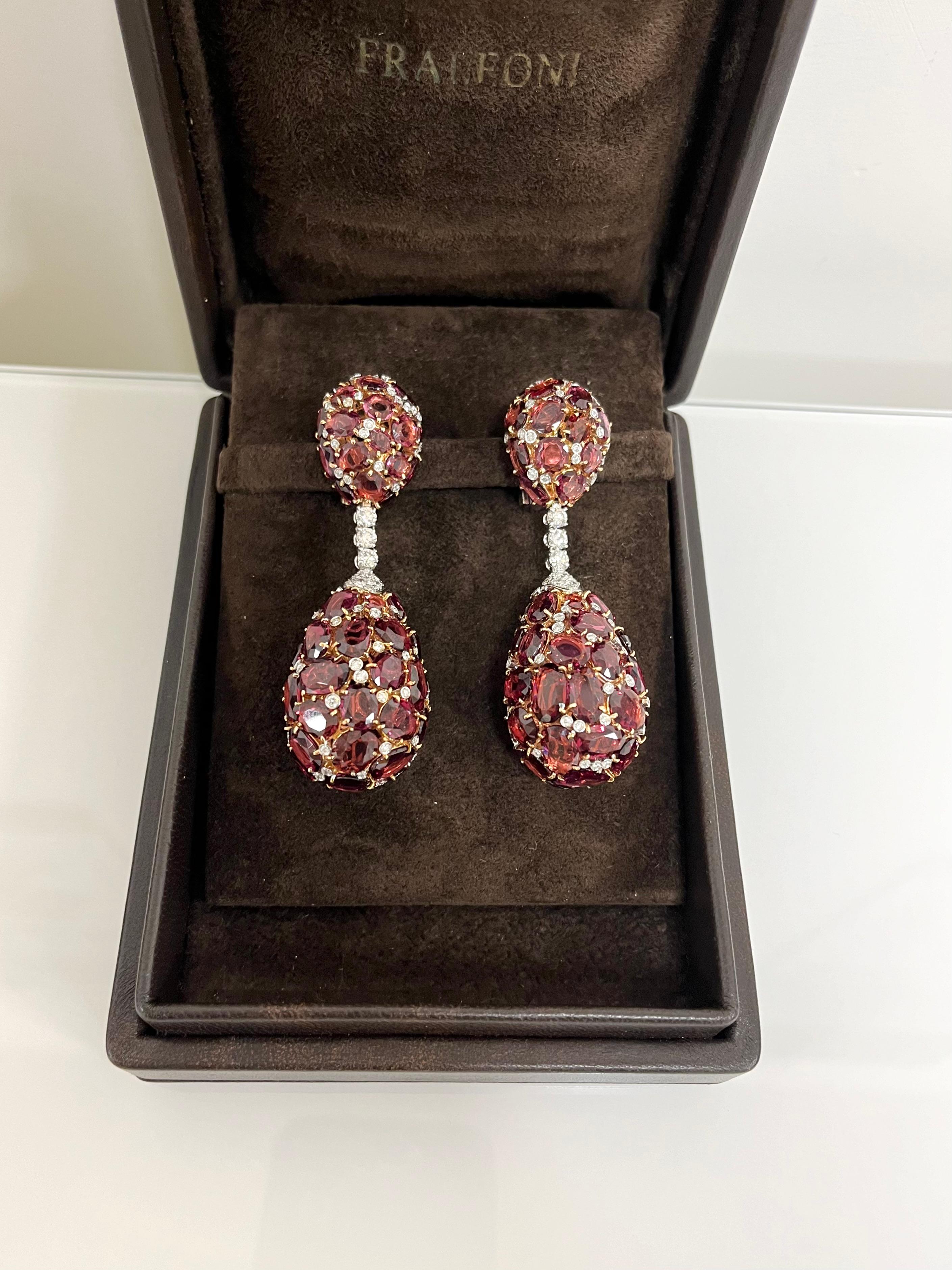 Fraleoni 18 Kt. White and Rose Gold Diamond Rodolite Pendant Earrings For Sale 1
