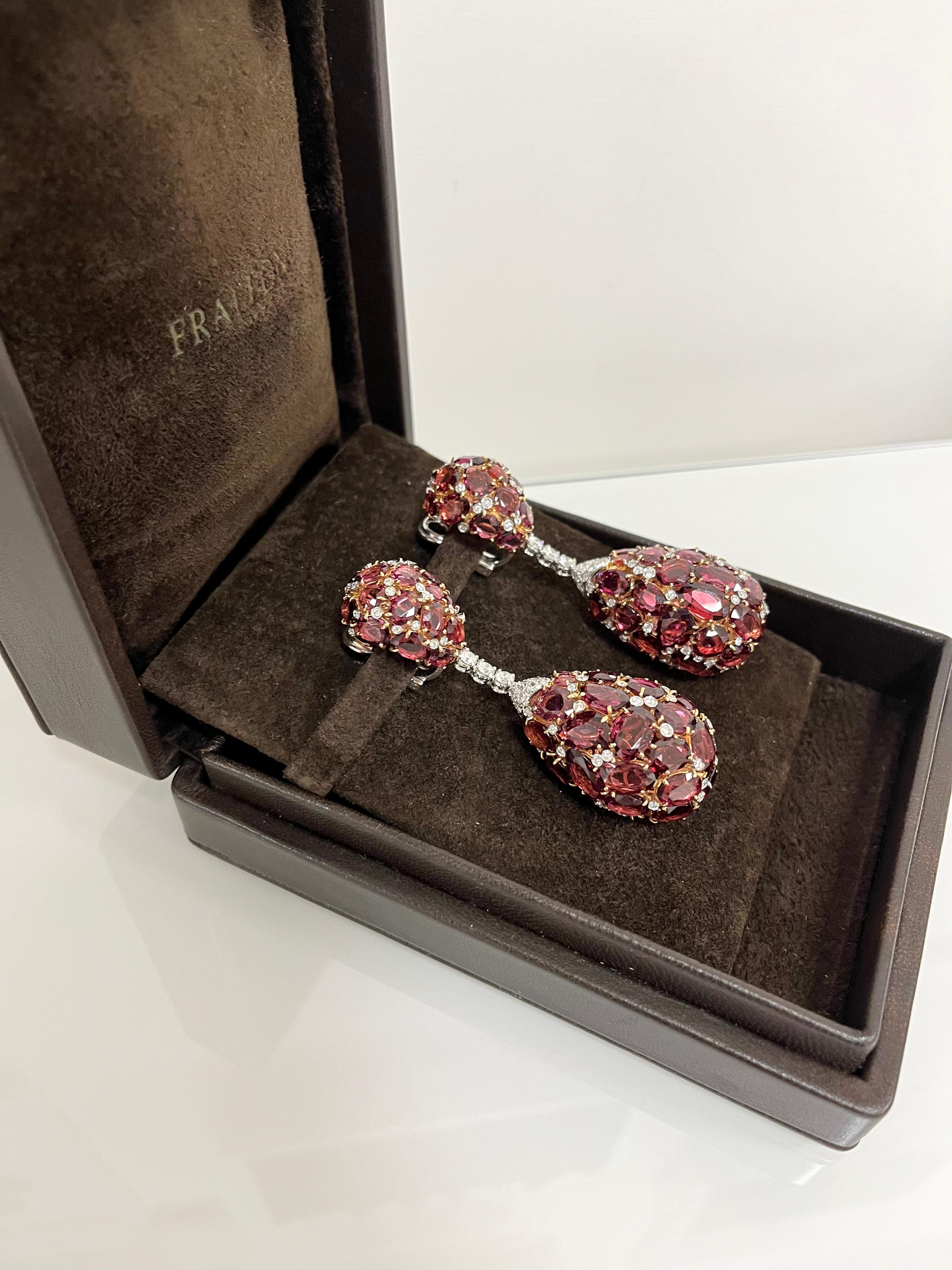 Fraleoni 18 Kt. White and Rose Gold Diamond Rodolite Pendant Earrings For Sale 2
