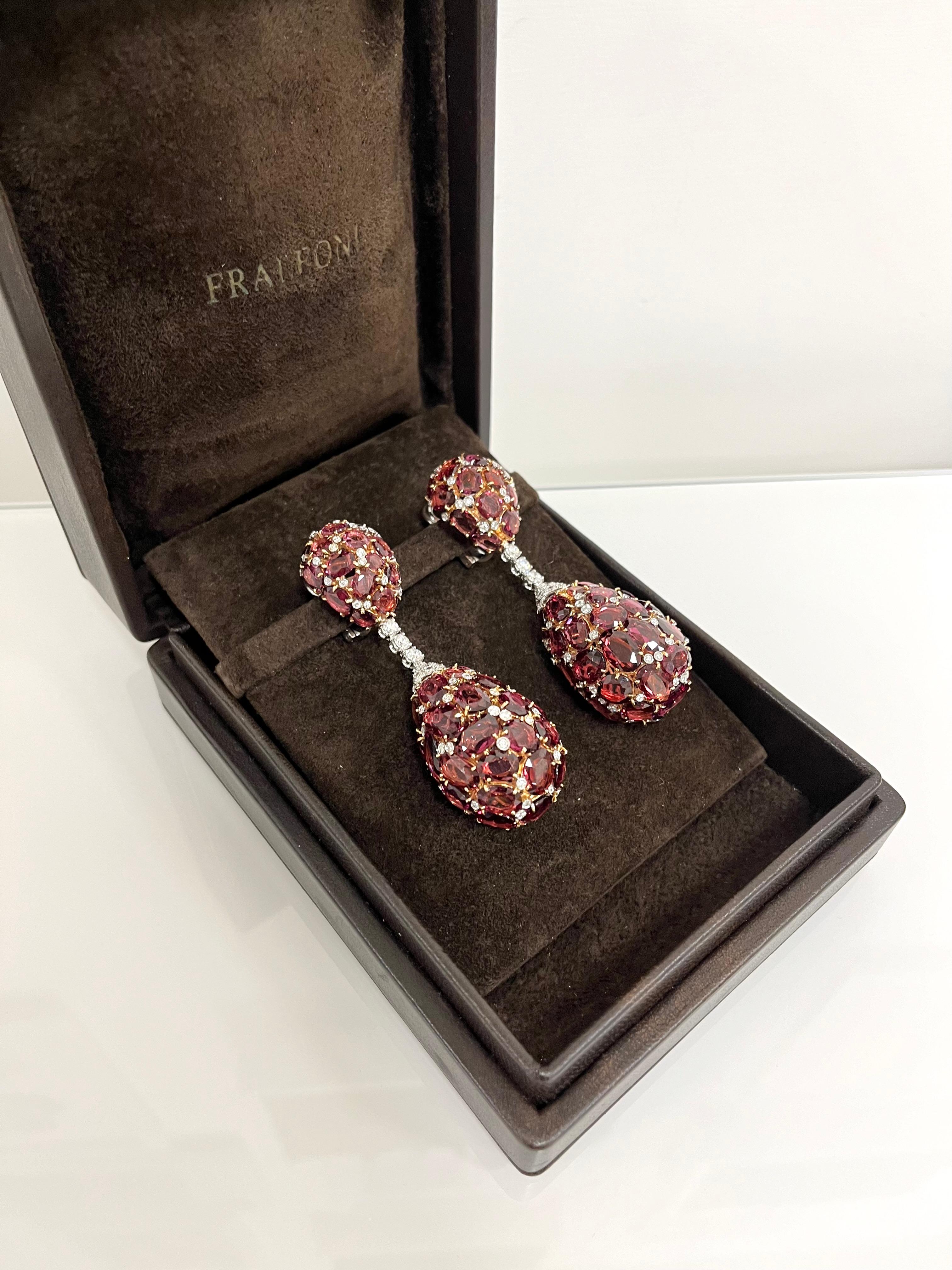 Fraleoni 18 Kt. White and Rose Gold Diamond Rodolite Pendant Earrings For Sale 3