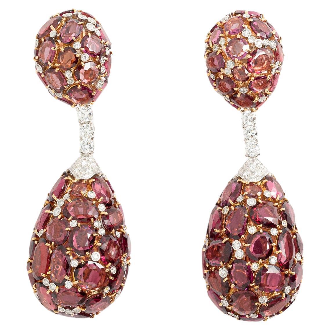 Fraleoni 18 Kt. Boucles d'oreilles en or blanc et rose avec pendentif en Rodolite et diamant en vente