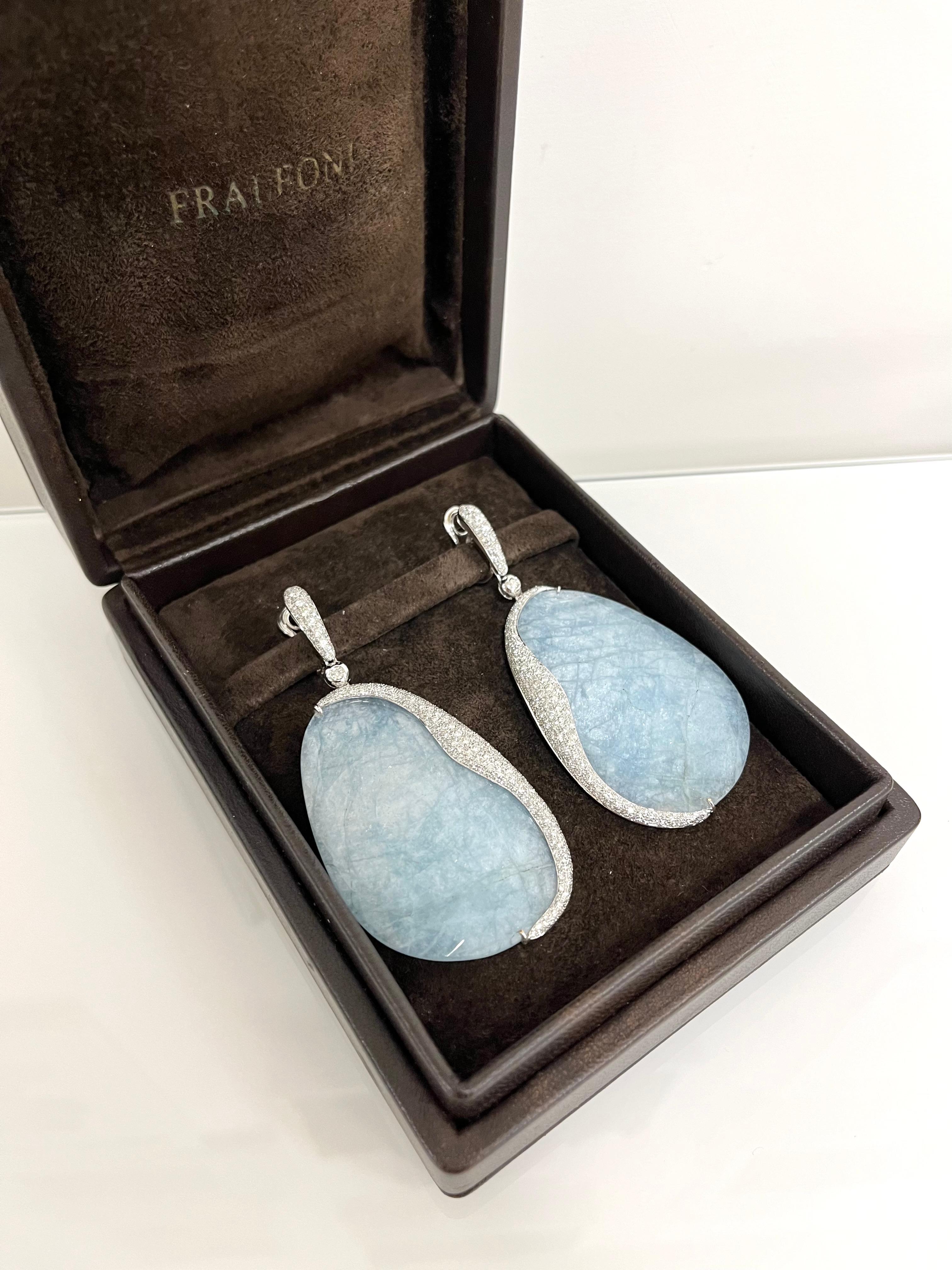 Modern Fraleoni 18 Kt. White Gold Diamond Aquamarine Earrings For Sale