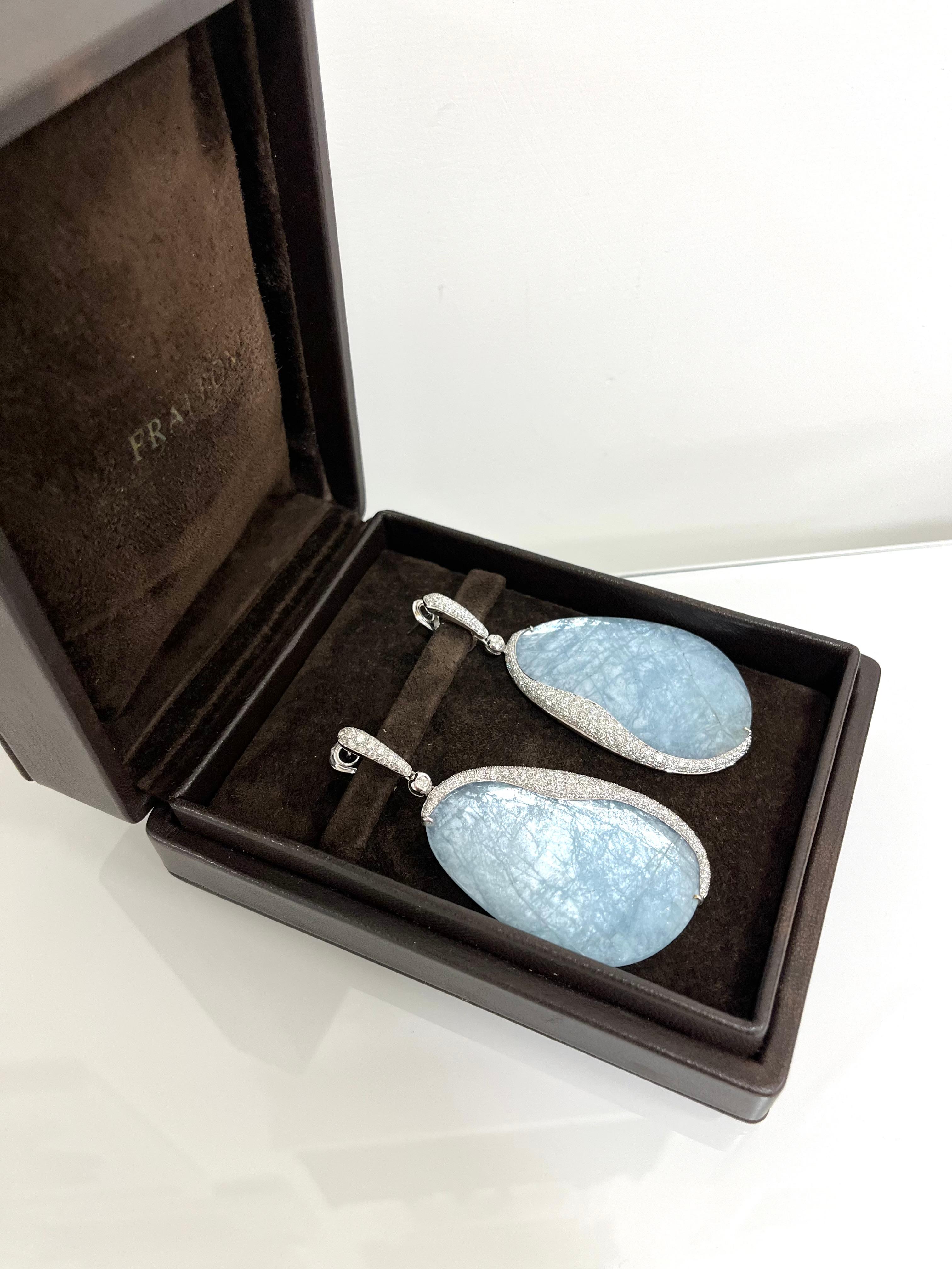Round Cut Fraleoni 18 Kt. White Gold Diamond Aquamarine Earrings For Sale