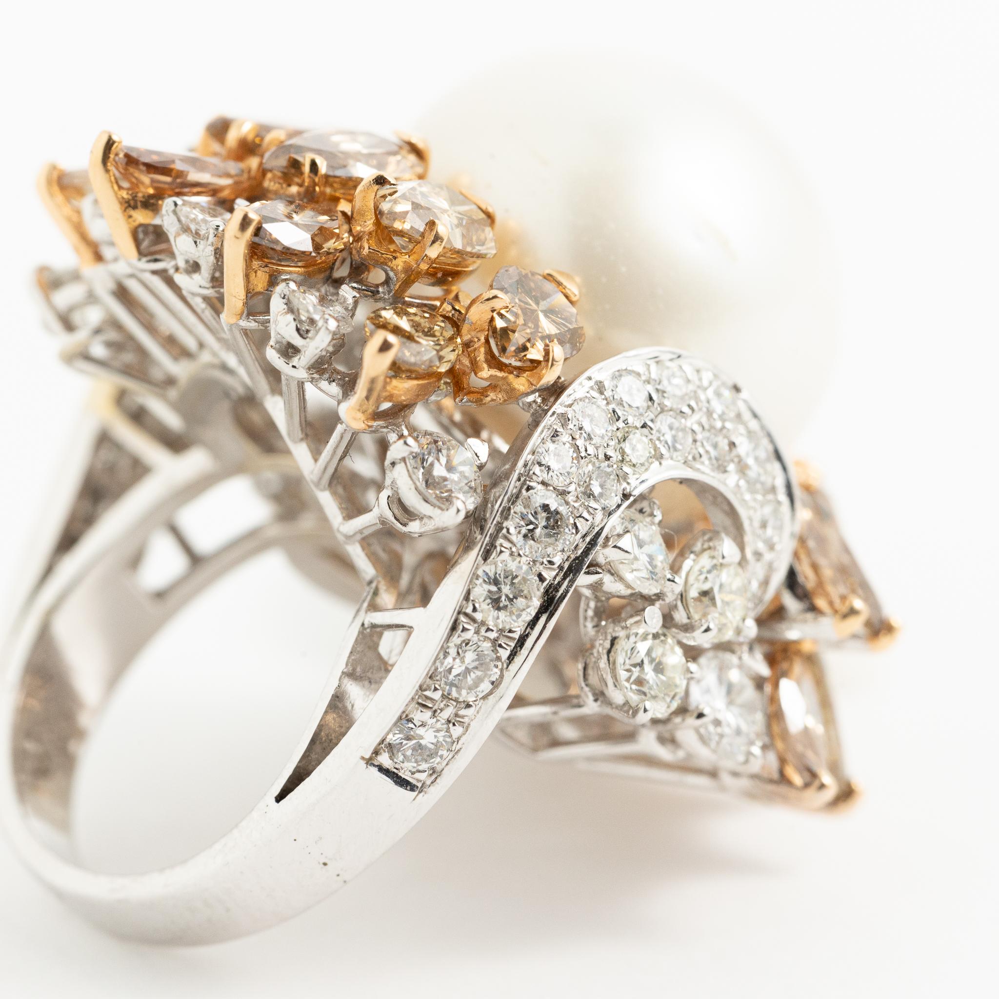 Fraleoni 18 Kt. White Gold Diamond Australian Pearl Cocktail Ring For Sale 5