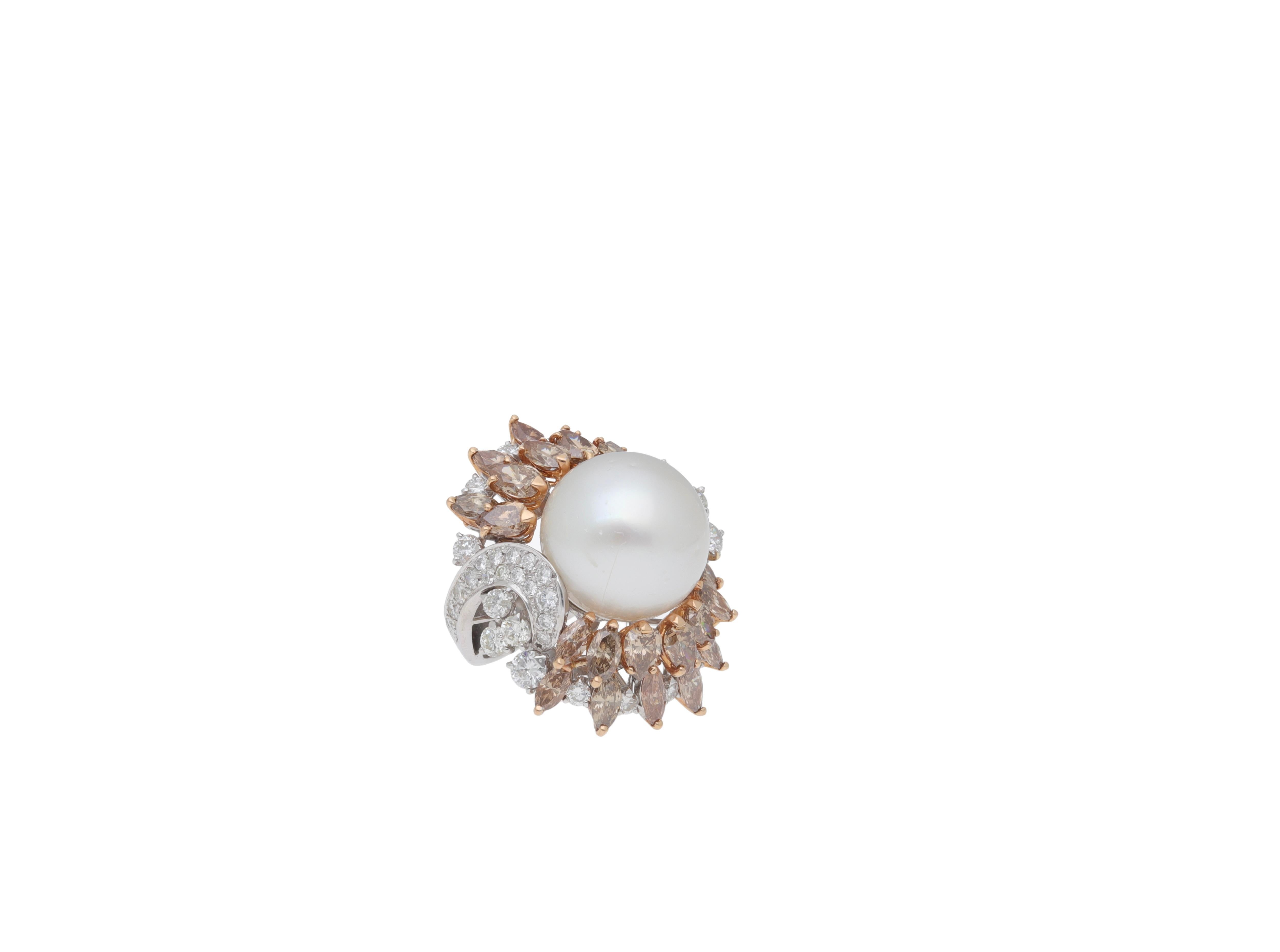Modern Fraleoni 18 Kt. White Gold Diamond Australian Pearl Cocktail Ring For Sale