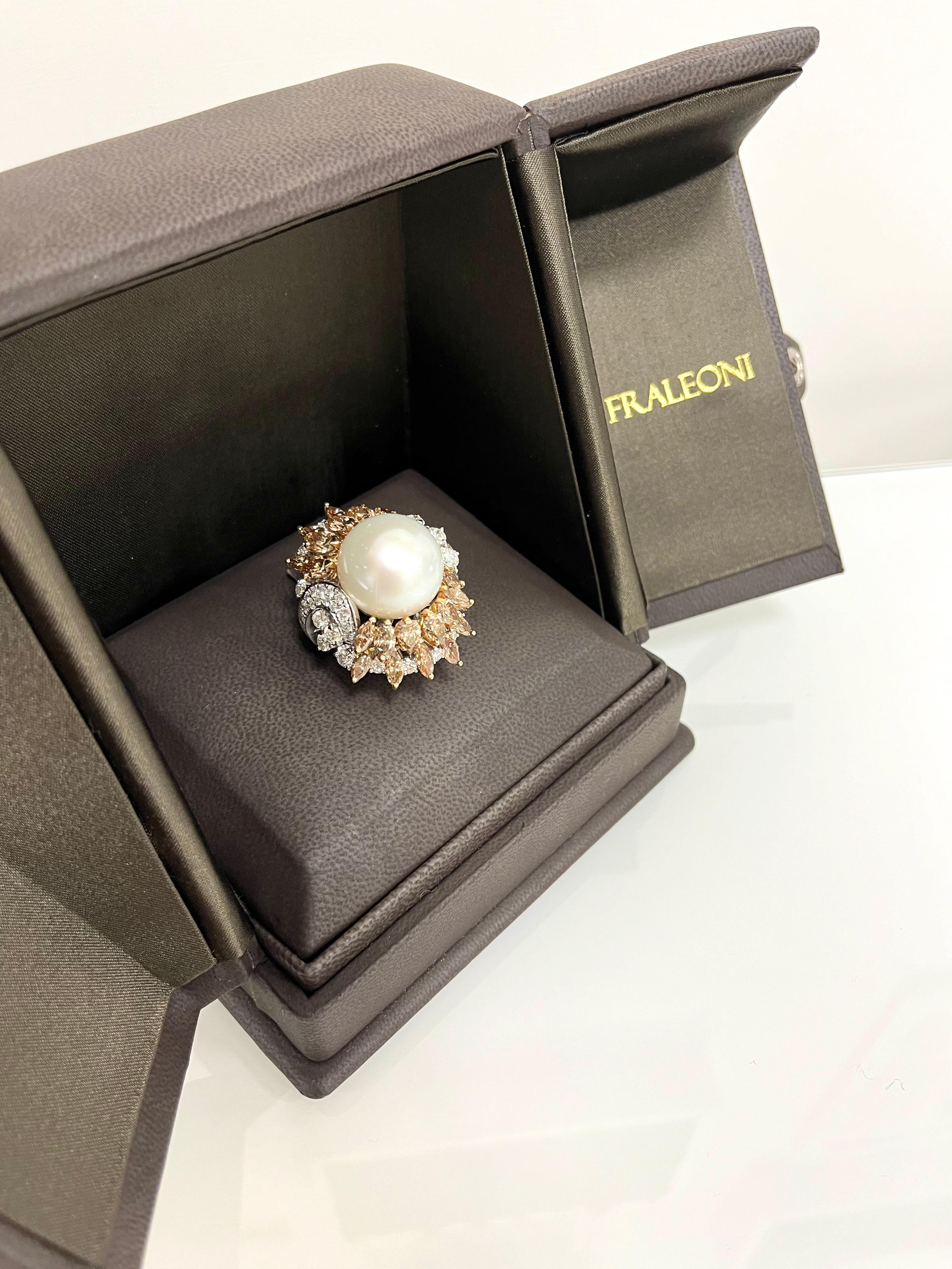 Fraleoni 18 Kt. White Gold Diamond Australian Pearl Cocktail Ring For Sale 2