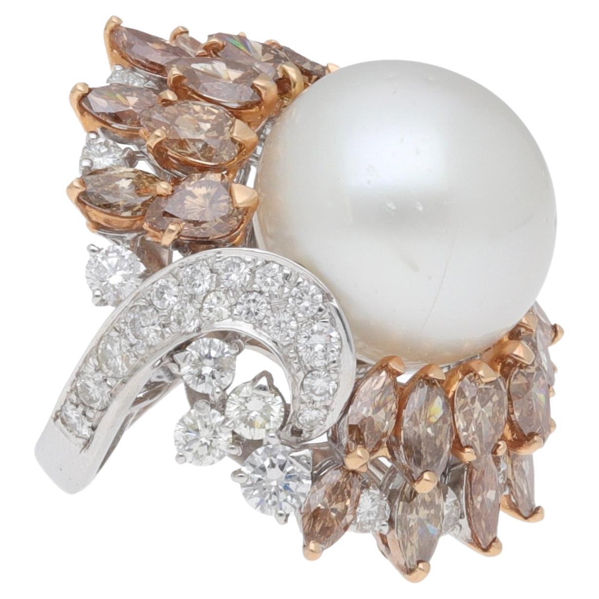 Fraleoni 18 Kt. White Gold Diamond Australian Pearl Cocktail Ring For Sale