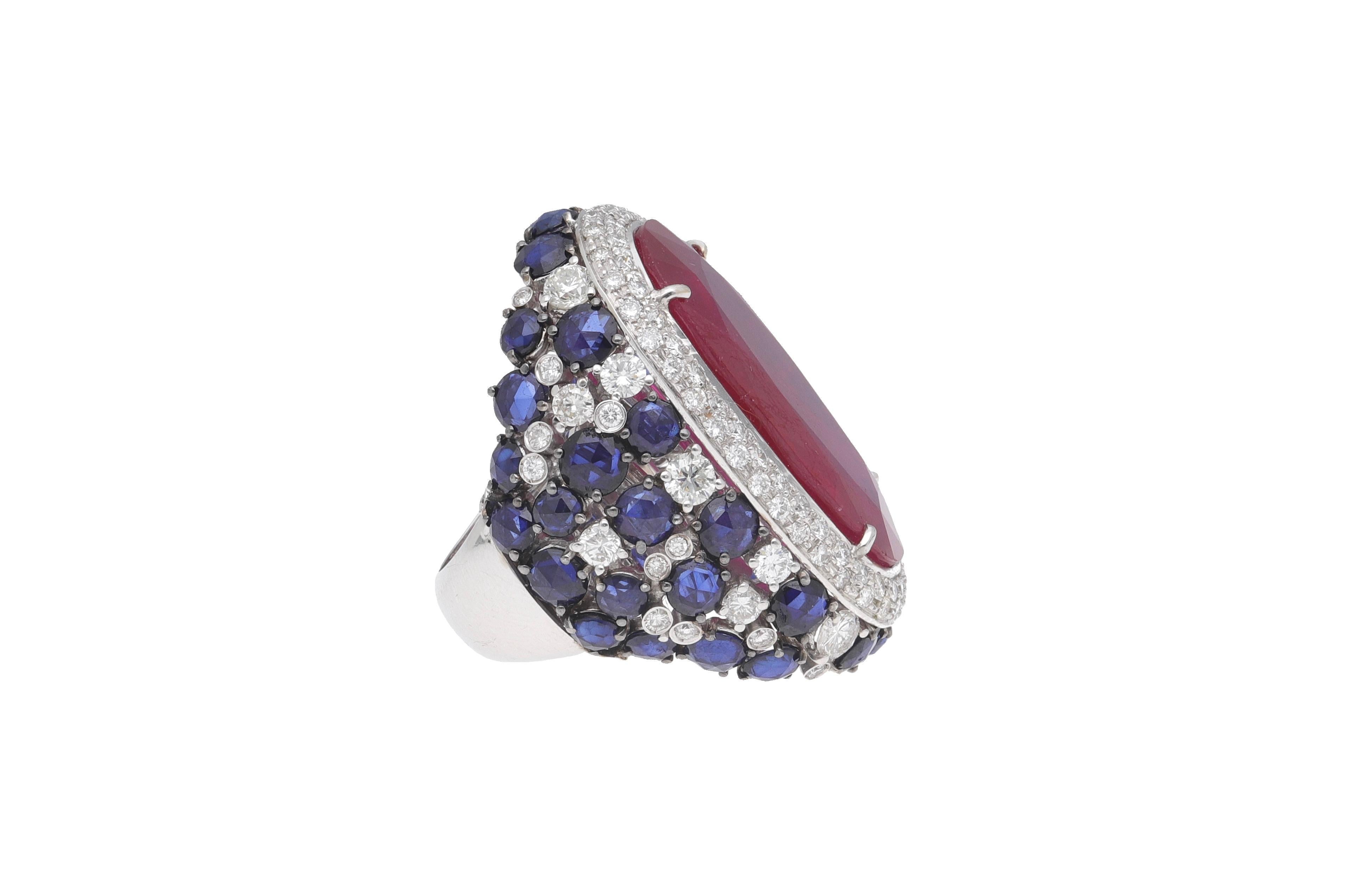 Fraleoni 18 Kt. White Gold Diamond Blue Sapphire Ruby Cocktail Ring For Sale 4