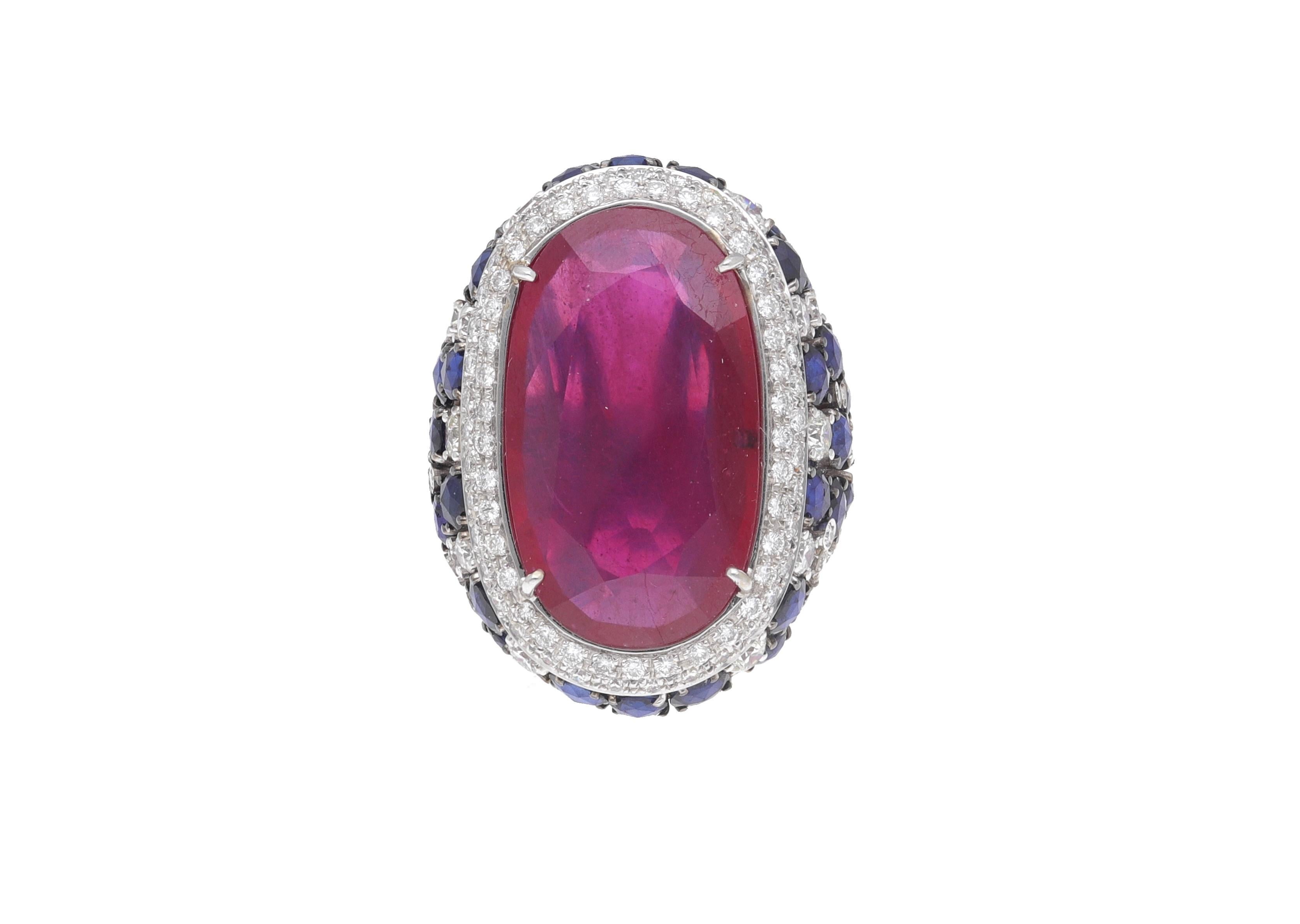 Fraleoni 18 Kt. White Gold Diamond Blue Sapphire Ruby Cocktail Ring For Sale 5