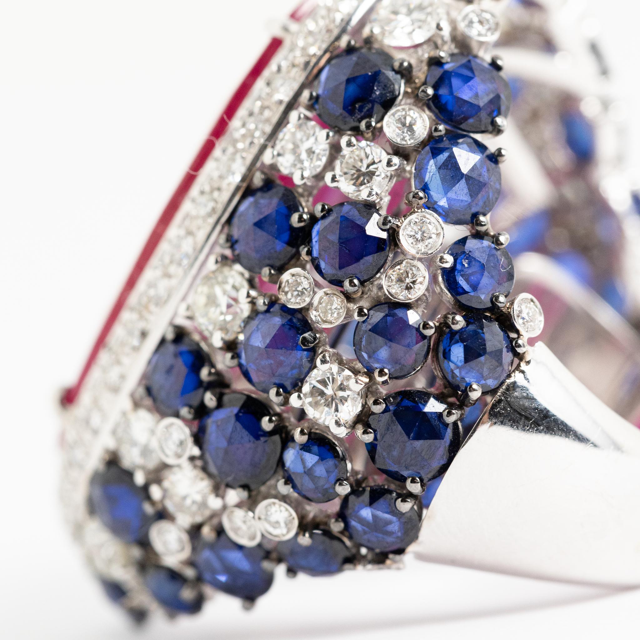 Modern Fraleoni 18 Kt. White Gold Diamond Blue Sapphire Ruby Cocktail Ring For Sale