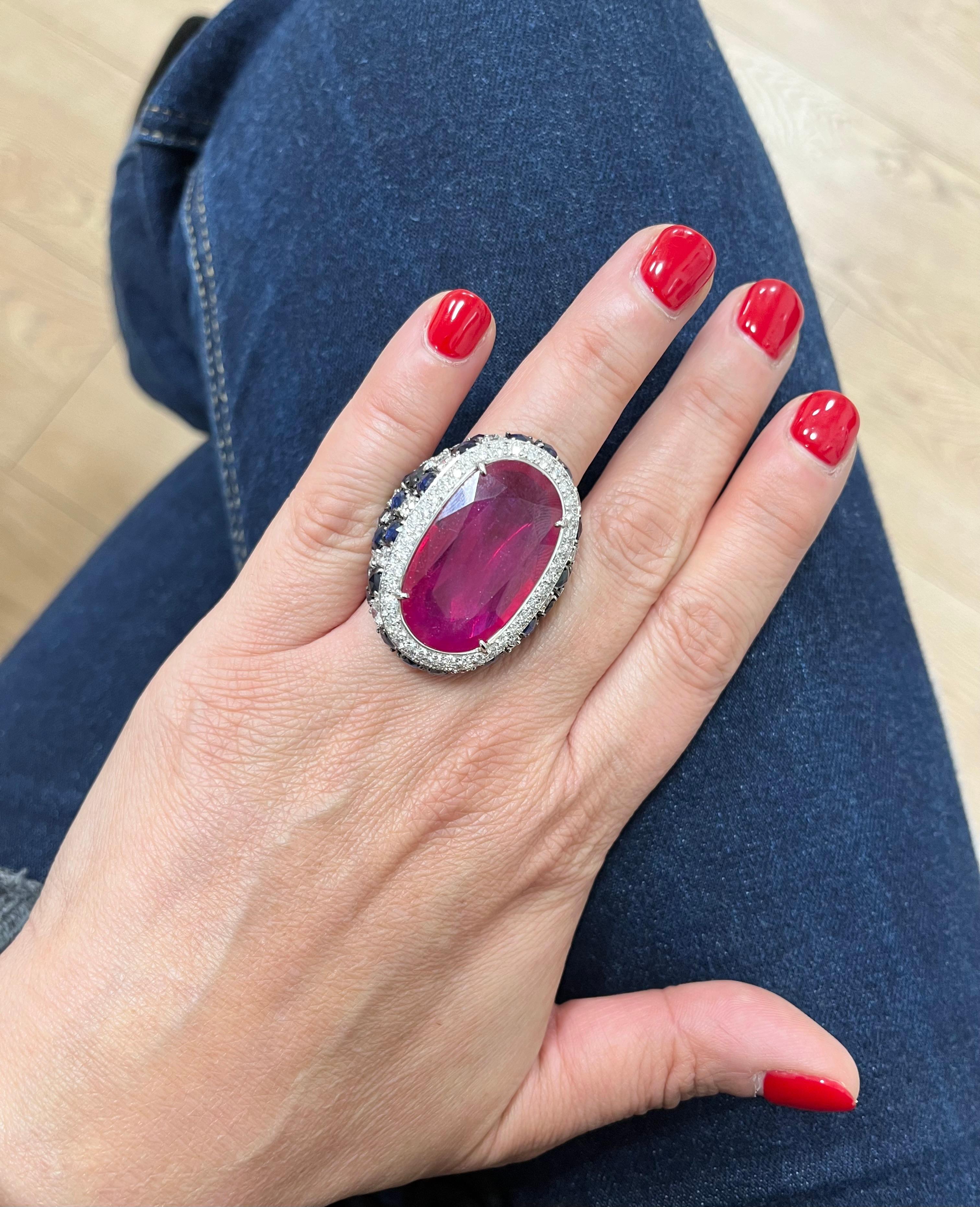 Fraleoni 18 Kt. White Gold Diamond Blue Sapphire Ruby Cocktail Ring In New Condition For Sale In Rome, IT