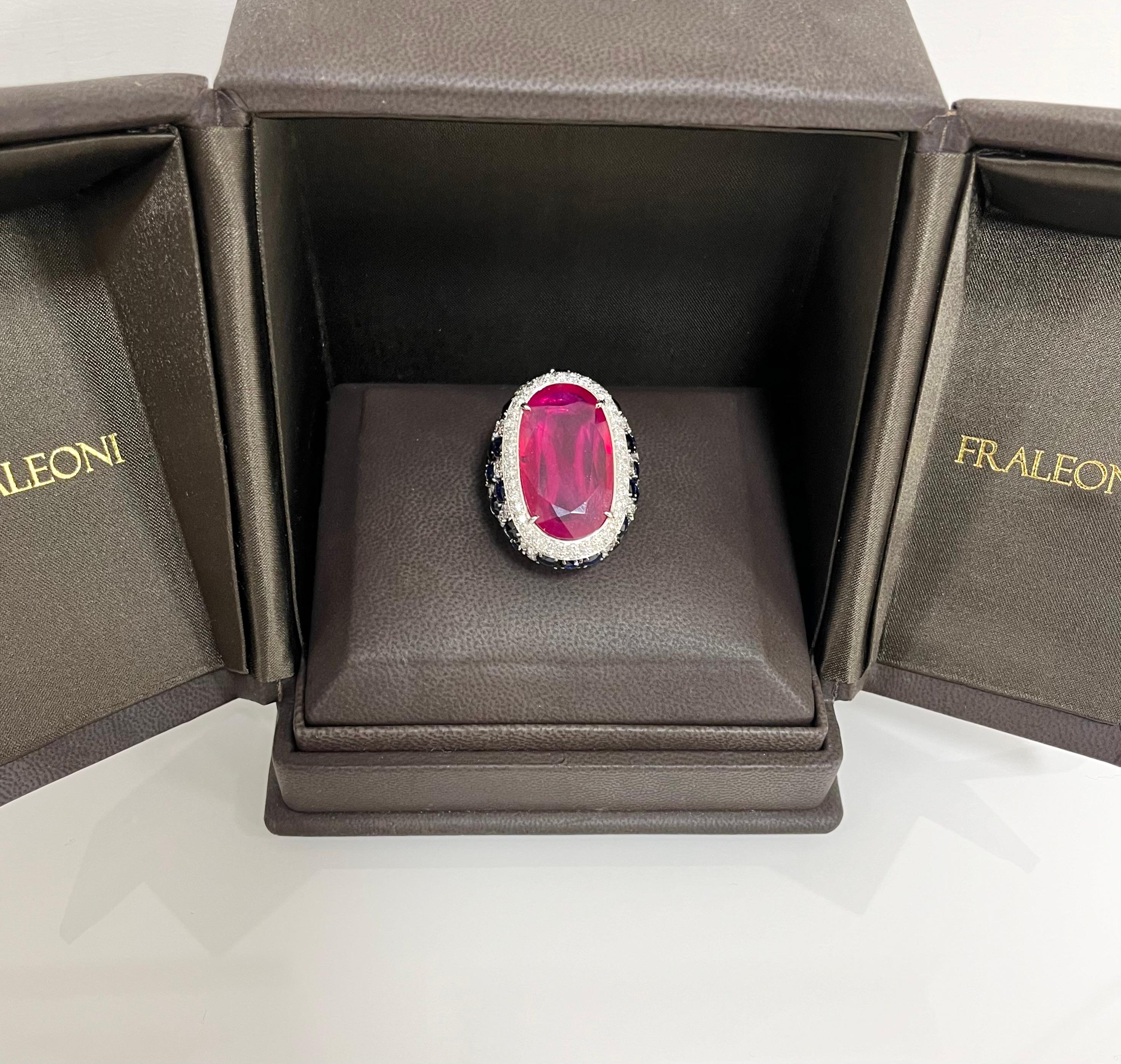 Women's Fraleoni 18 Kt. White Gold Diamond Blue Sapphire Ruby Cocktail Ring For Sale