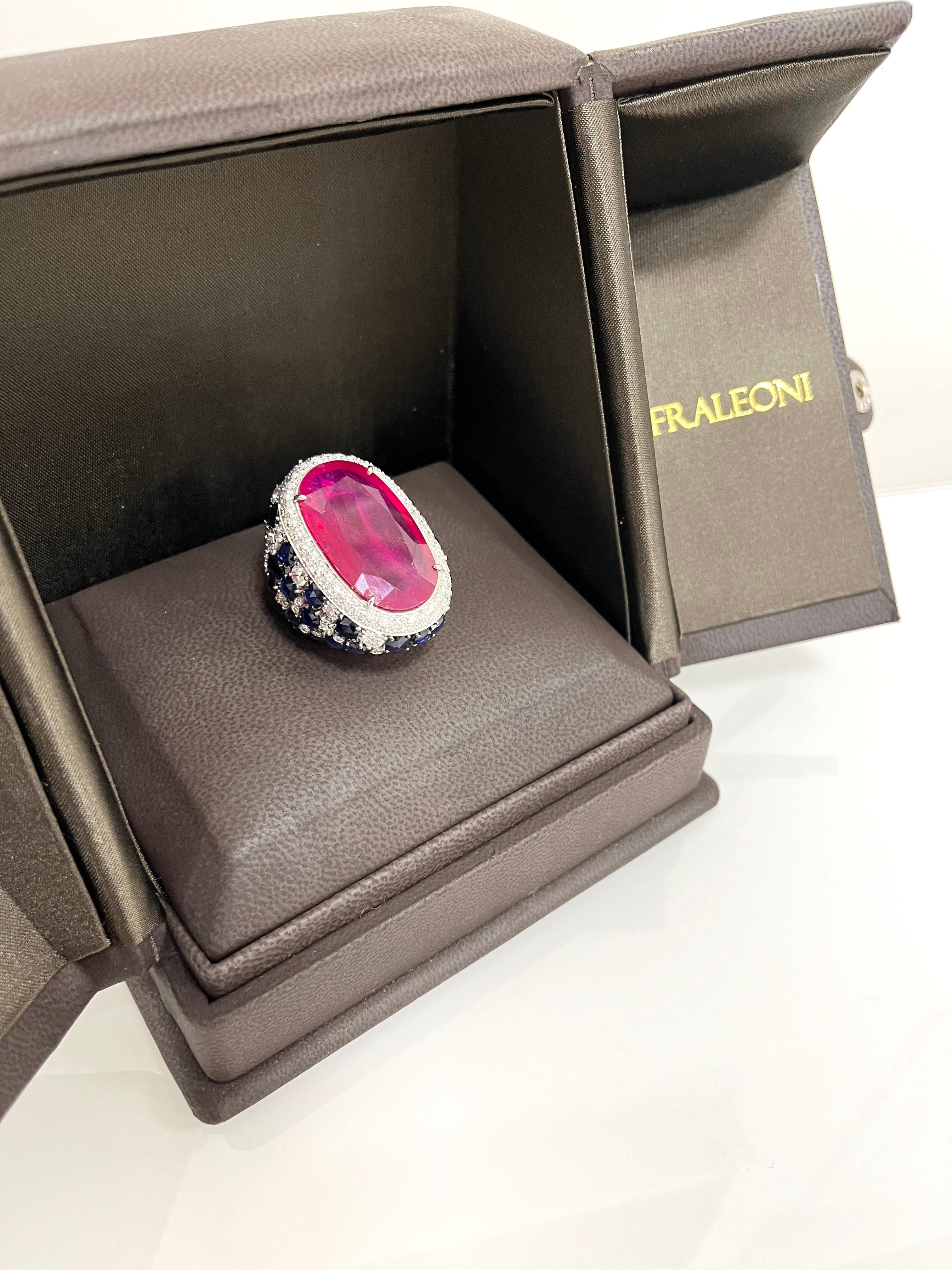 Fraleoni 18 Kt. White Gold Diamond Blue Sapphire Ruby Cocktail Ring For Sale 1