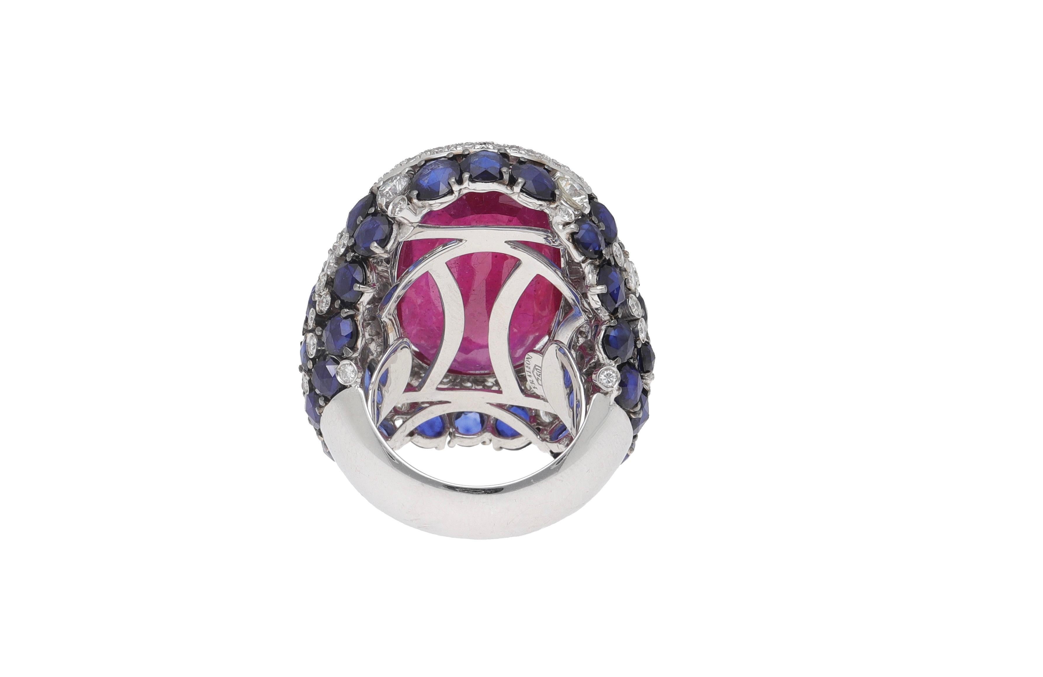 Fraleoni 18 Kt. White Gold Diamond Blue Sapphire Ruby Cocktail Ring For Sale 3