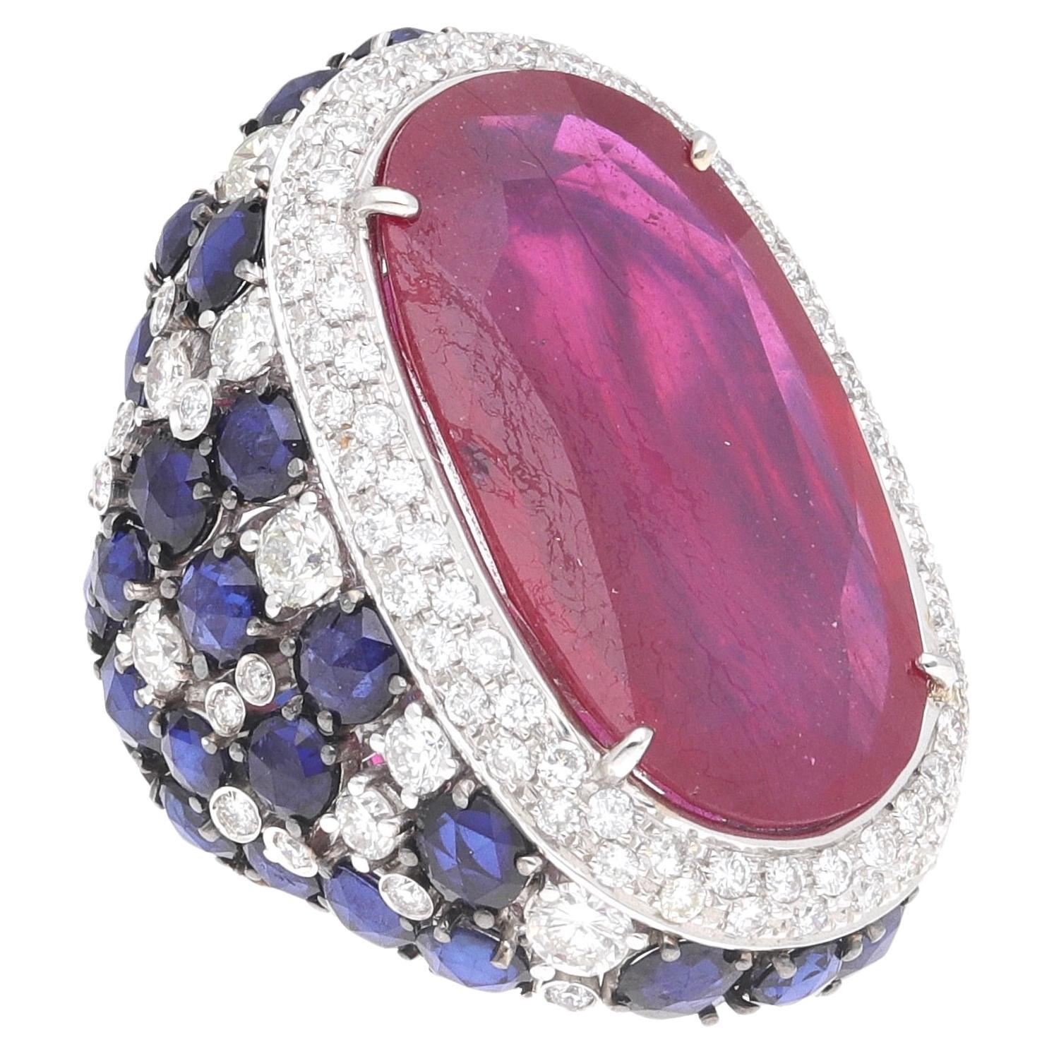 Fraleoni 18 Kt. White Gold Diamond Blue Sapphire Ruby Cocktail Ring in vendita