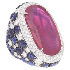 Fraleoni 18 Kt. White Gold Diamond Blue Sapphire Ruby Cocktail Ring