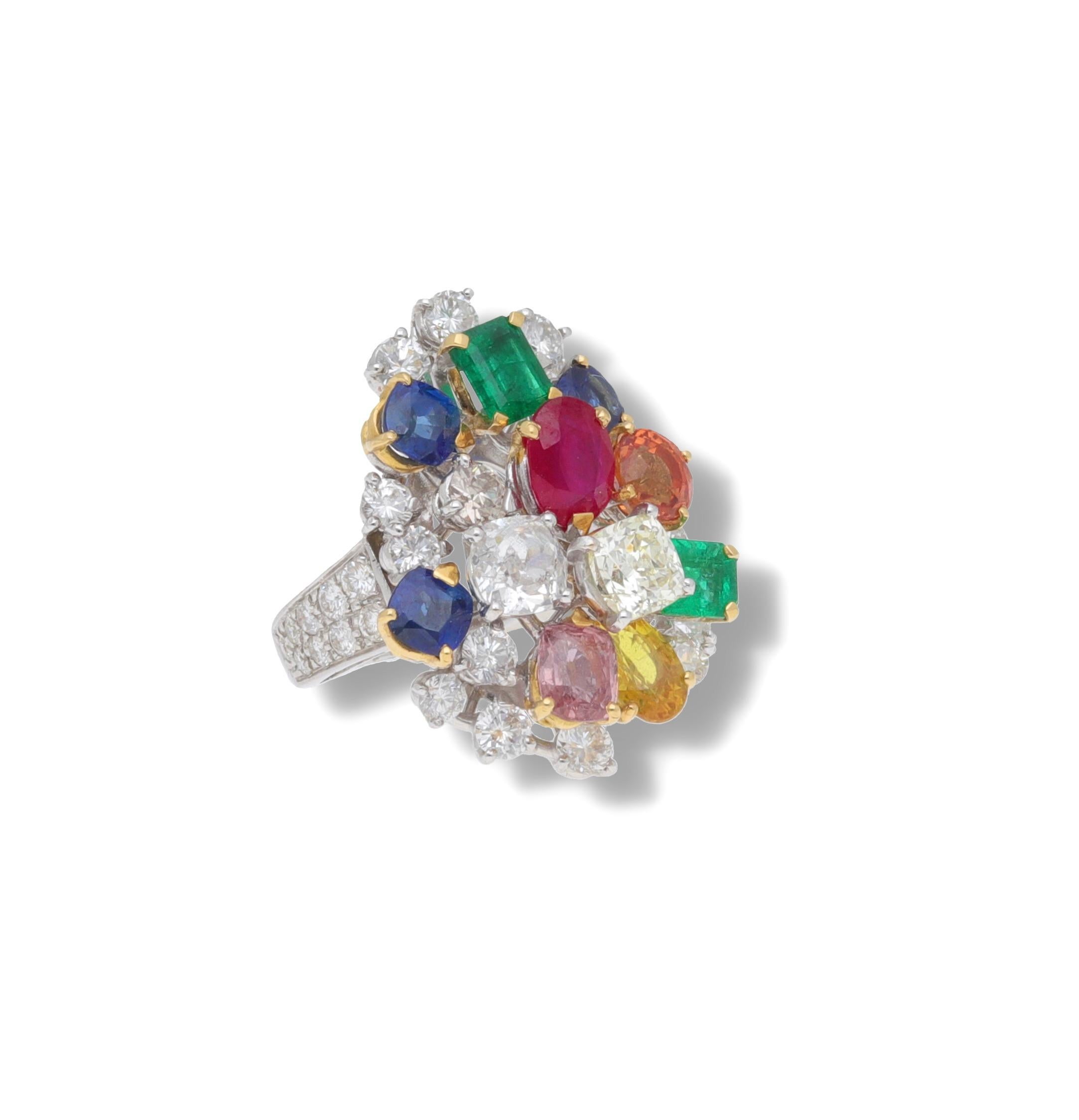 Handcrafted ring made in Italy of 18 kt. white gold with diamonds, sapphires, emeralds and rubies.
This ring belongs to the Dolce Vita Fraleoni Collection.
Classic lines reminiscent of 1950s designs.
Unique piece.
Size: 7
The ring is