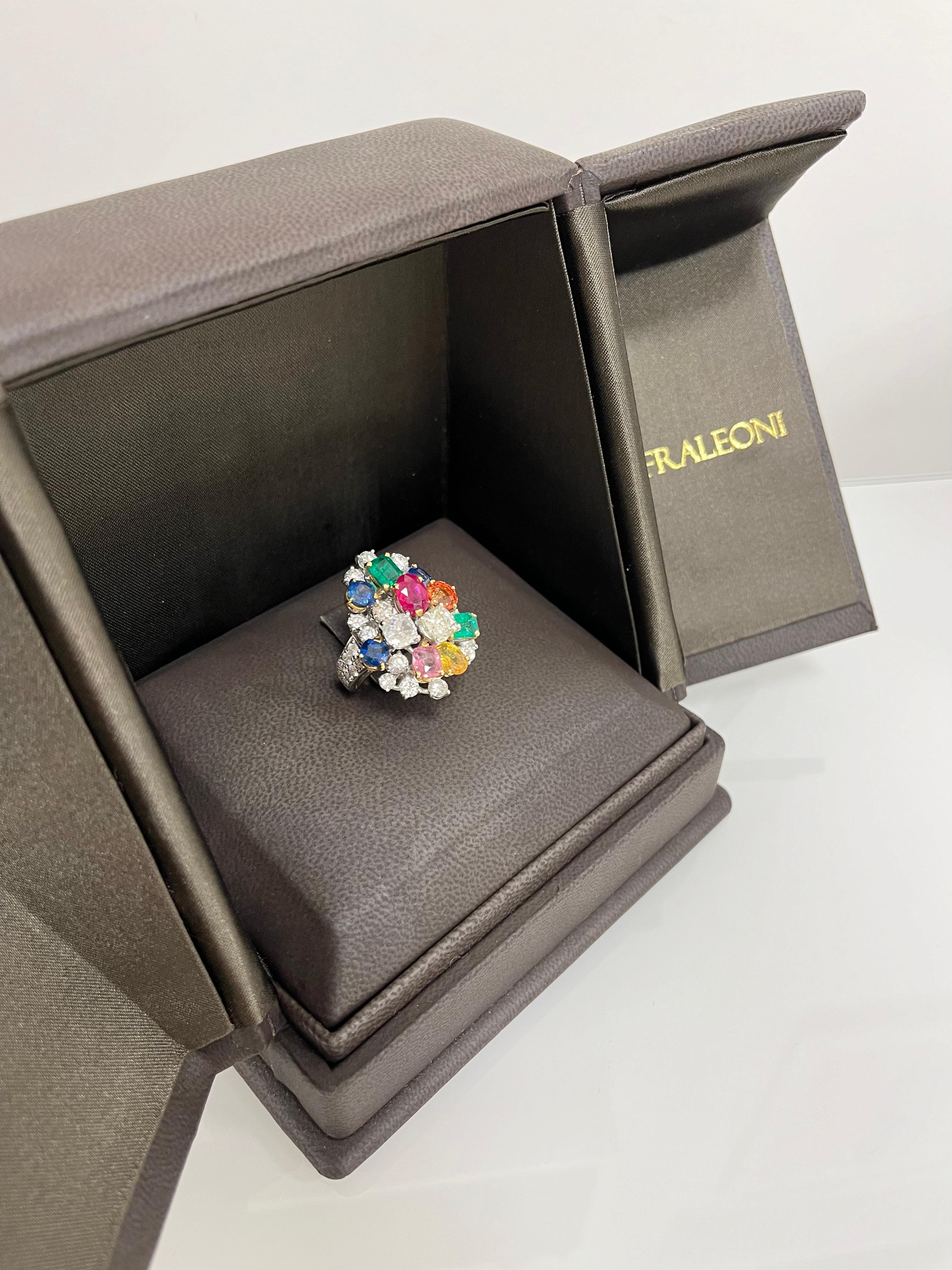 Modern Fraleoni 18 Kt. White Gold Diamond Ruby Emerald Sapphire Cocktail Ring For Sale