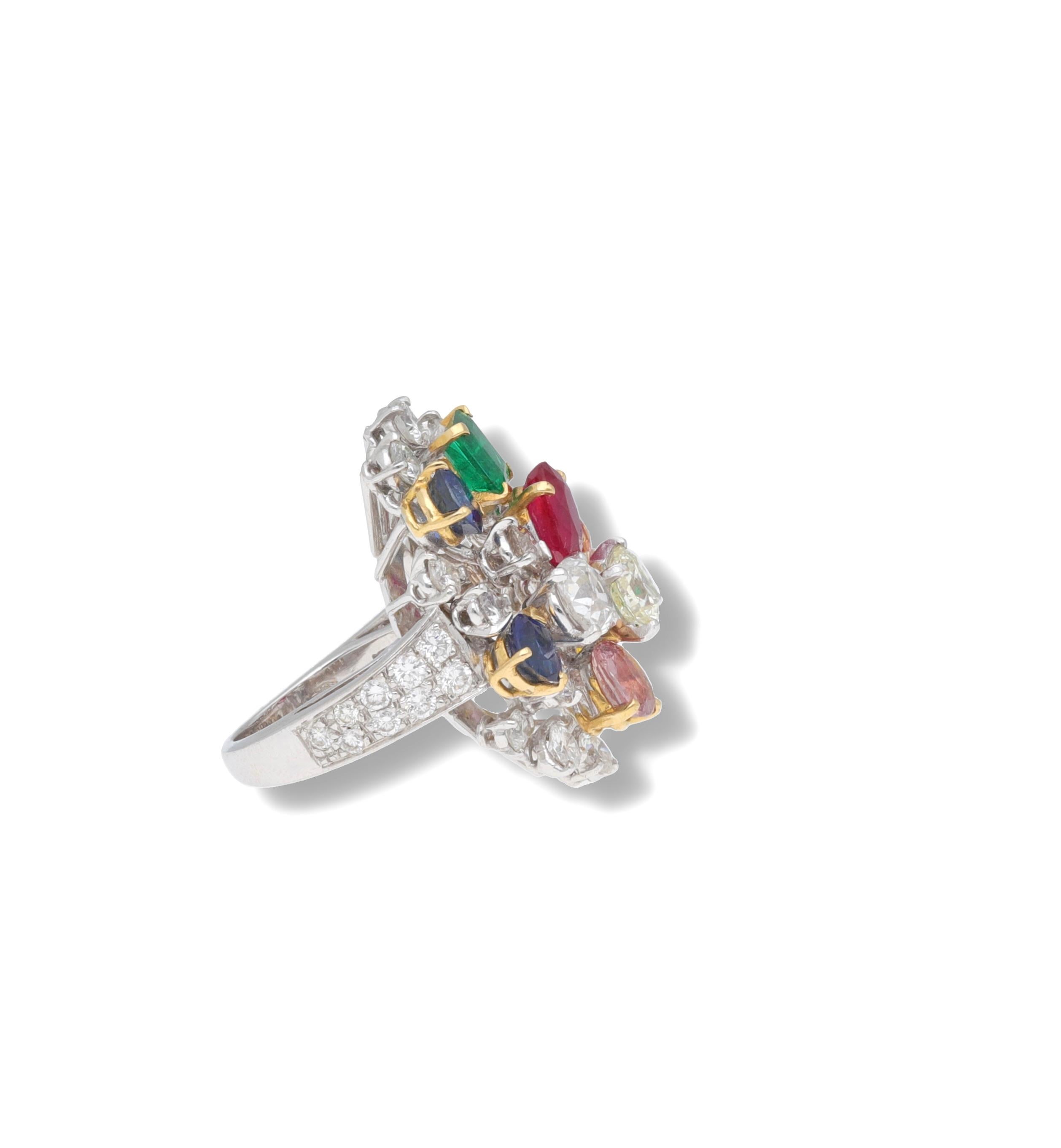 Round Cut Fraleoni 18 Kt. White Gold Diamond Ruby Emerald Sapphire Cocktail Ring For Sale