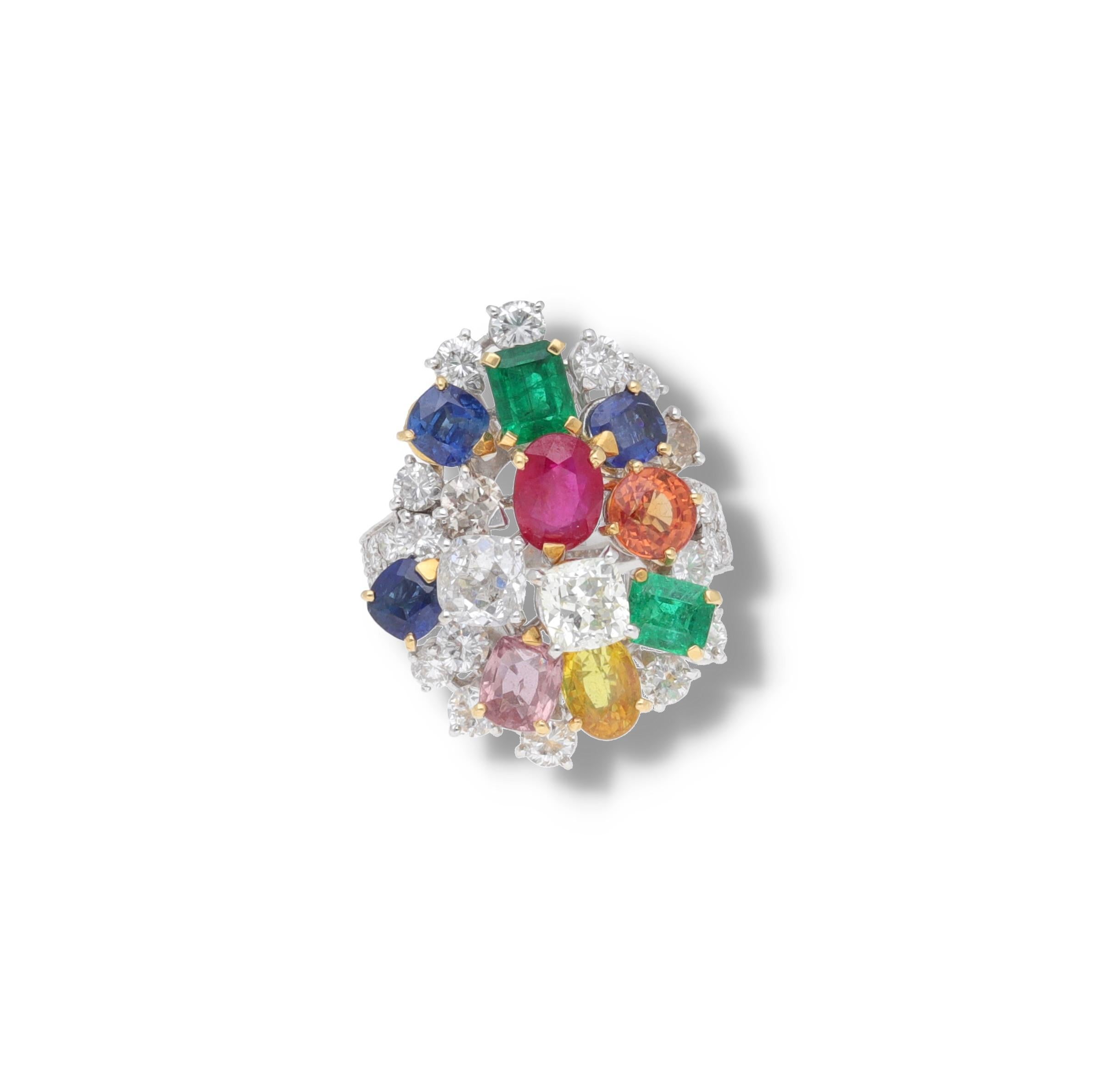 Fraleoni 18 Kt. White Gold Diamond Ruby Emerald Sapphire Cocktail Ring In New Condition For Sale In Rome, IT