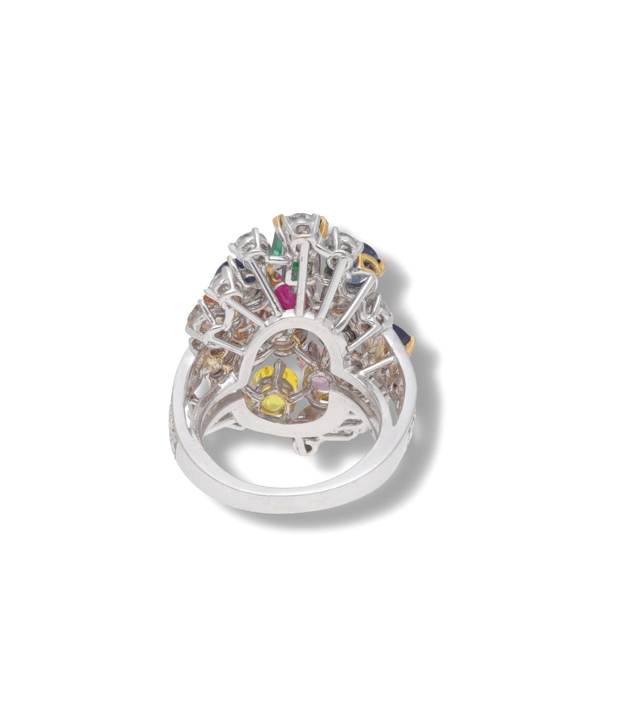 Women's Fraleoni 18 Kt. White Gold Diamond Ruby Emerald Sapphire Cocktail Ring For Sale