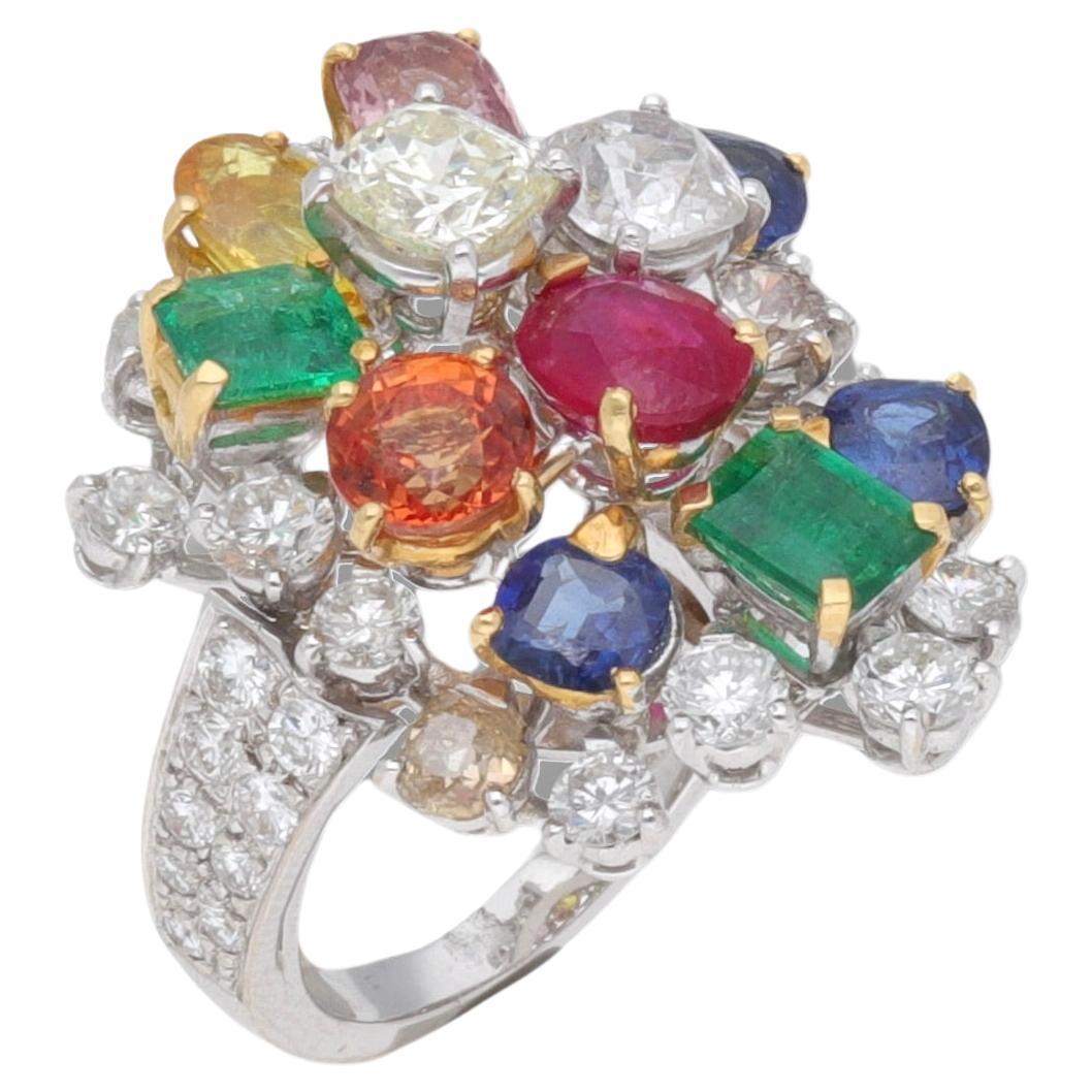 Fraleoni 18 Kt. White Gold Diamond Ruby Emerald Sapphire Cocktail Ring For Sale