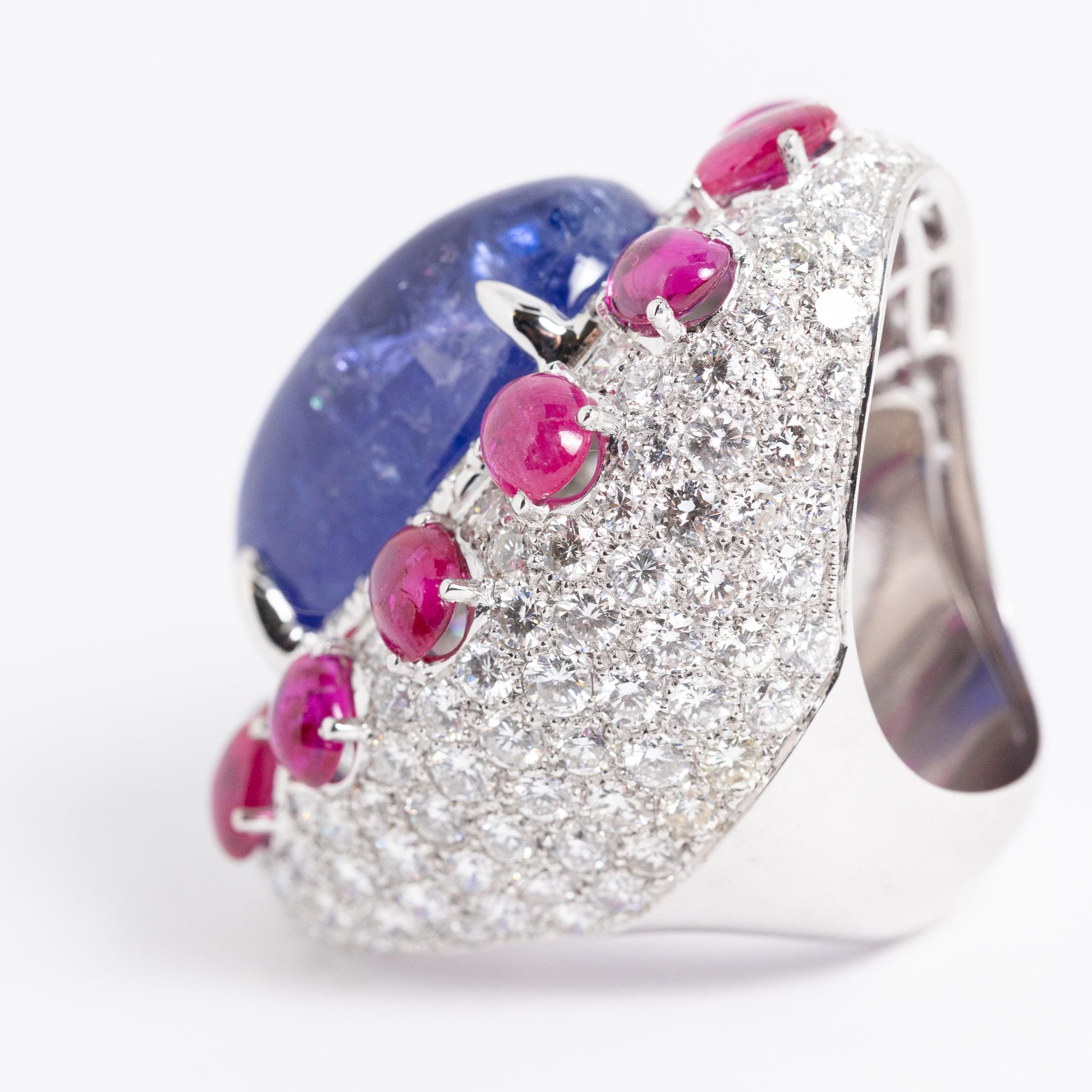 Modern Fraleoni 18 Kt. White Gold Diamond Ruby Tanzanite Cocktail Ring For Sale