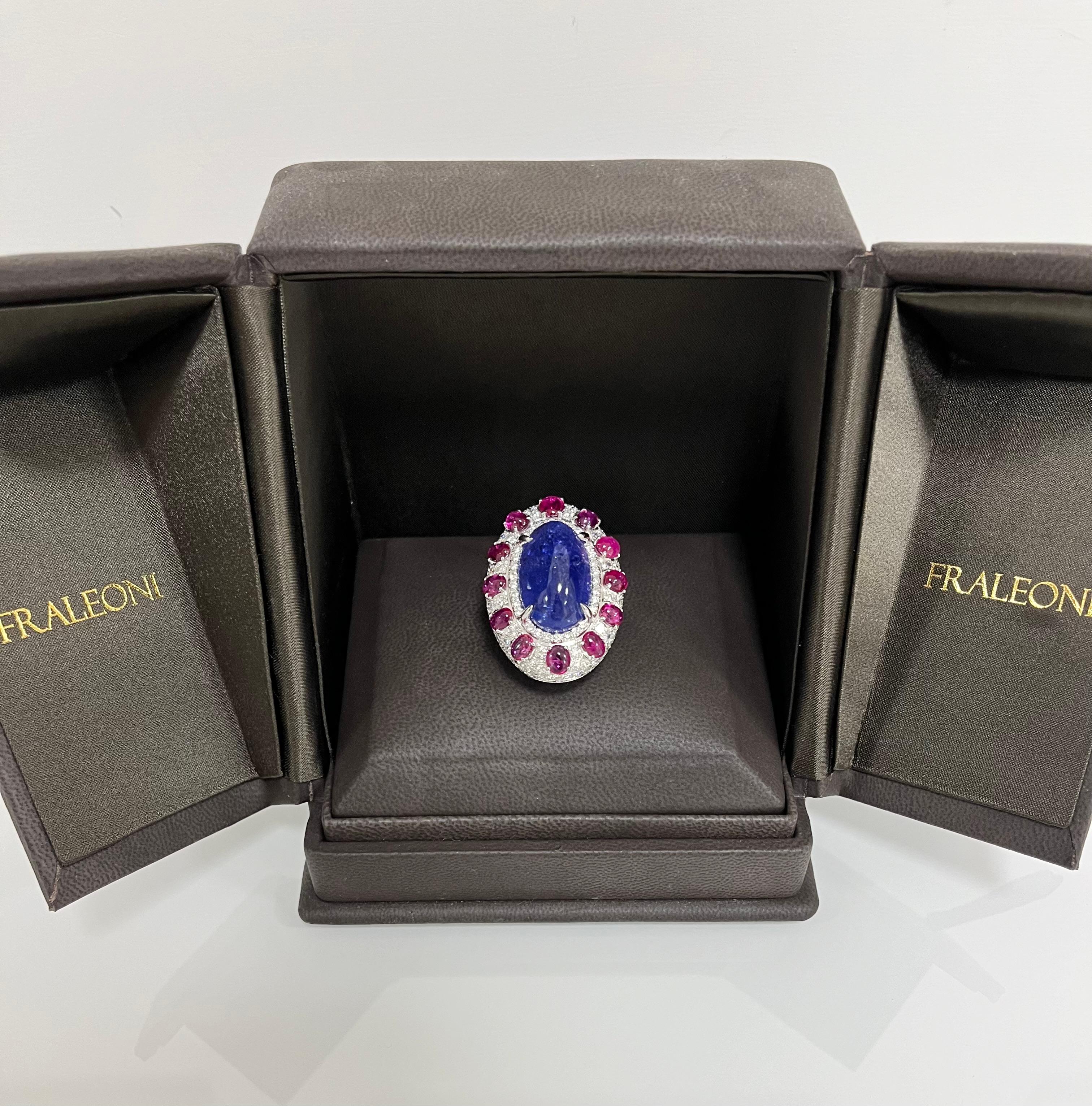Fraleoni 18 Kt. White Gold Diamond Ruby Tanzanite Cocktail Ring In New Condition For Sale In Rome, IT