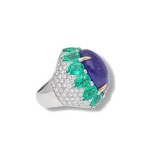 Fraleoni 18 Kt. Cóctel de oro blanco con diamantes y tanzanita, esmeralda de laboratorio