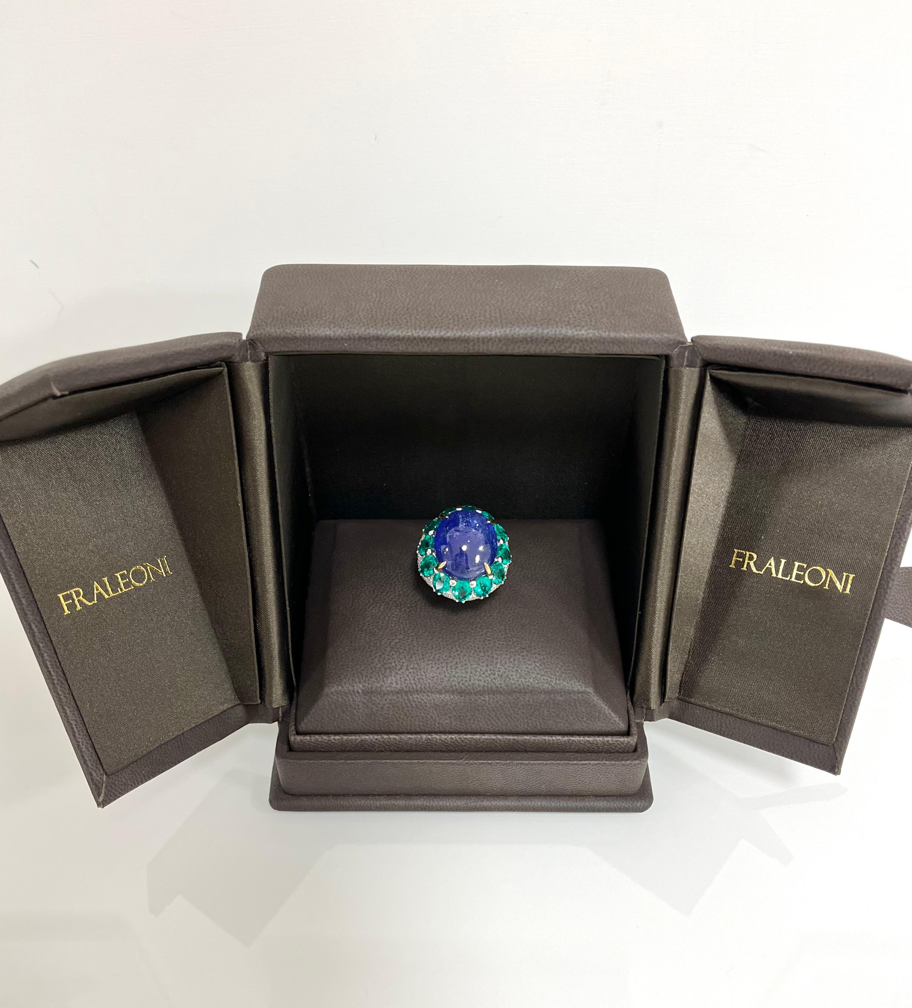 Round Cut Fraleoni 18 Kt. White Gold Diamond Tanzanite Lab-created Emerald Cocktail Ring For Sale