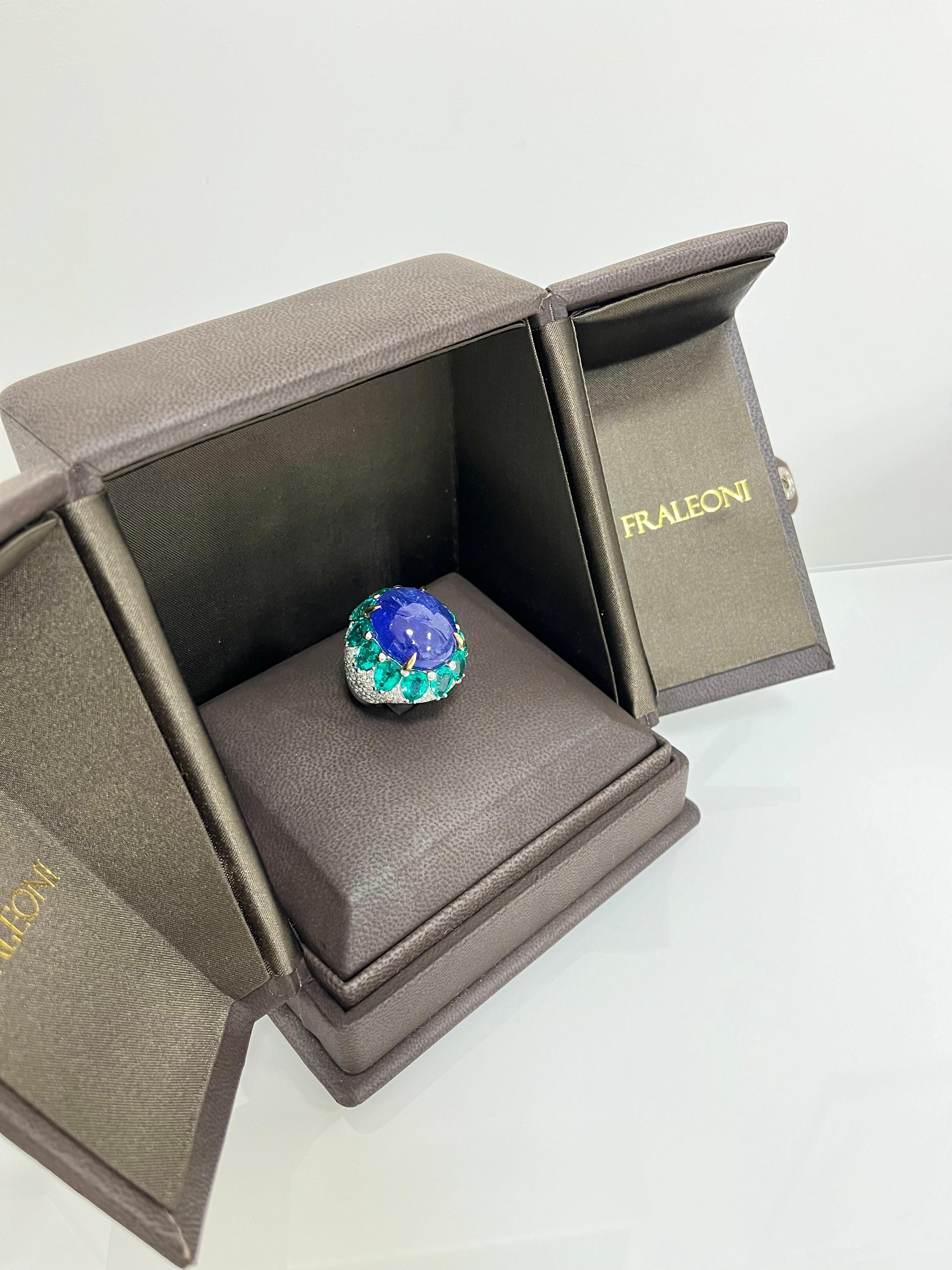 Fraleoni 18 Kt. White Gold Diamond Tanzanite Lab-created Emerald Cocktail Ring In New Condition For Sale In Rome, IT