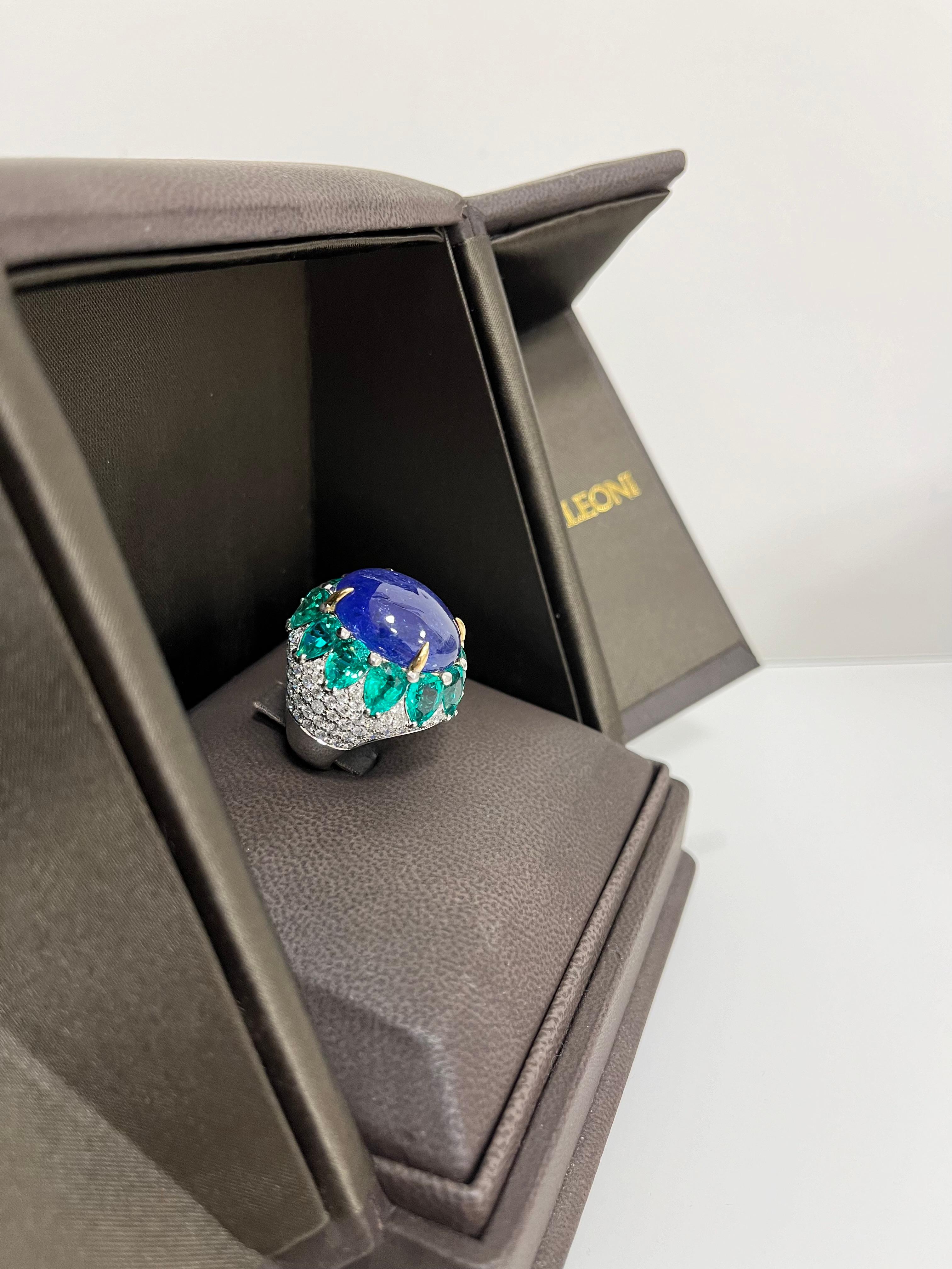 Women's Fraleoni 18 Kt. White Gold Diamond Tanzanite Lab-created Emerald Cocktail Ring For Sale