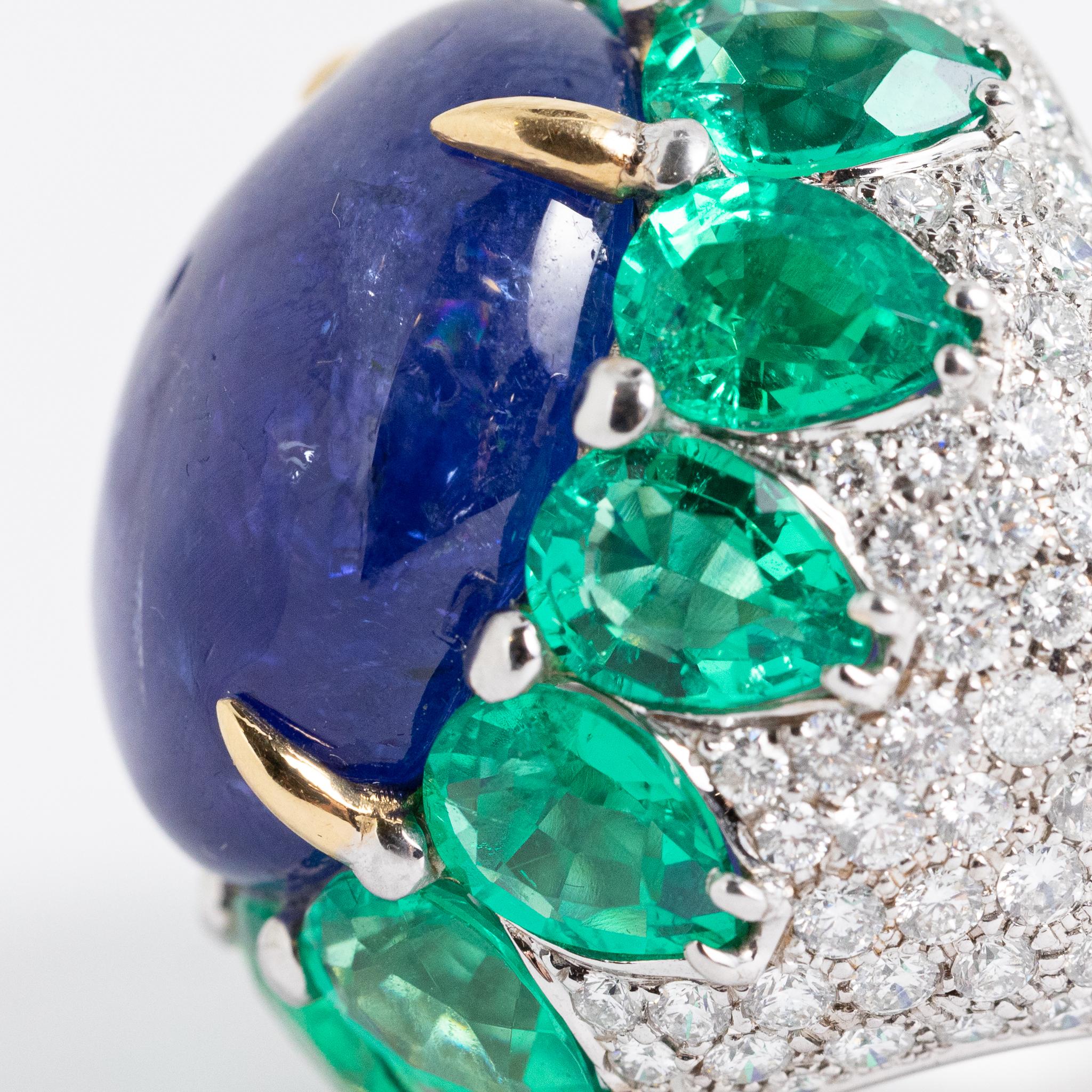 Fraleoni 18 Kt. White Gold Diamond Tanzanite Lab-created Emerald Cocktail Ring For Sale 2