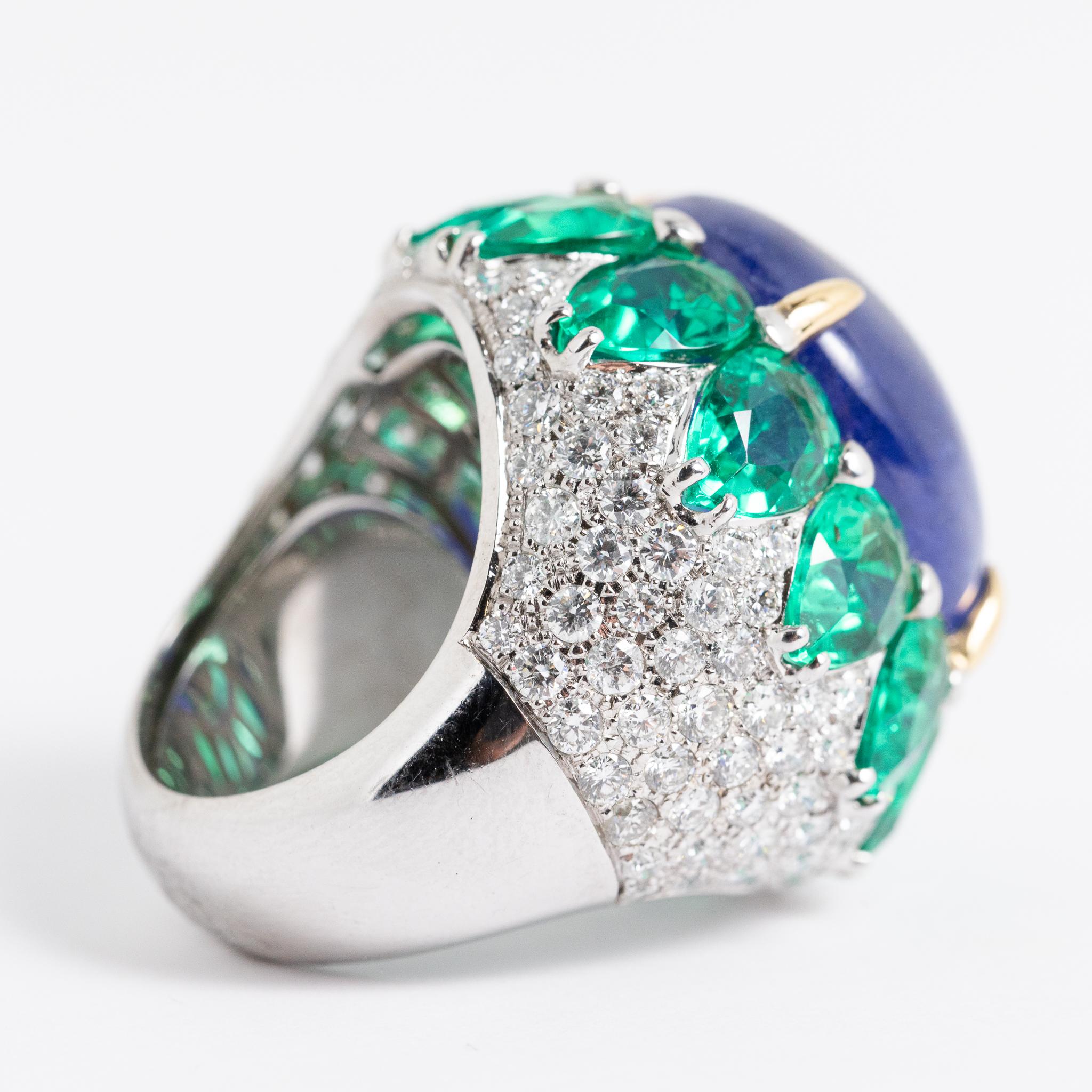 Fraleoni 18 Kt. White Gold Diamond Tanzanite Lab-created Emerald Cocktail Ring For Sale 3