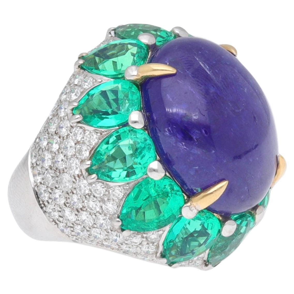 Fraleoni 18 Kt. White Gold Diamond Tanzanite Lab-created Emerald Cocktail Ring For Sale
