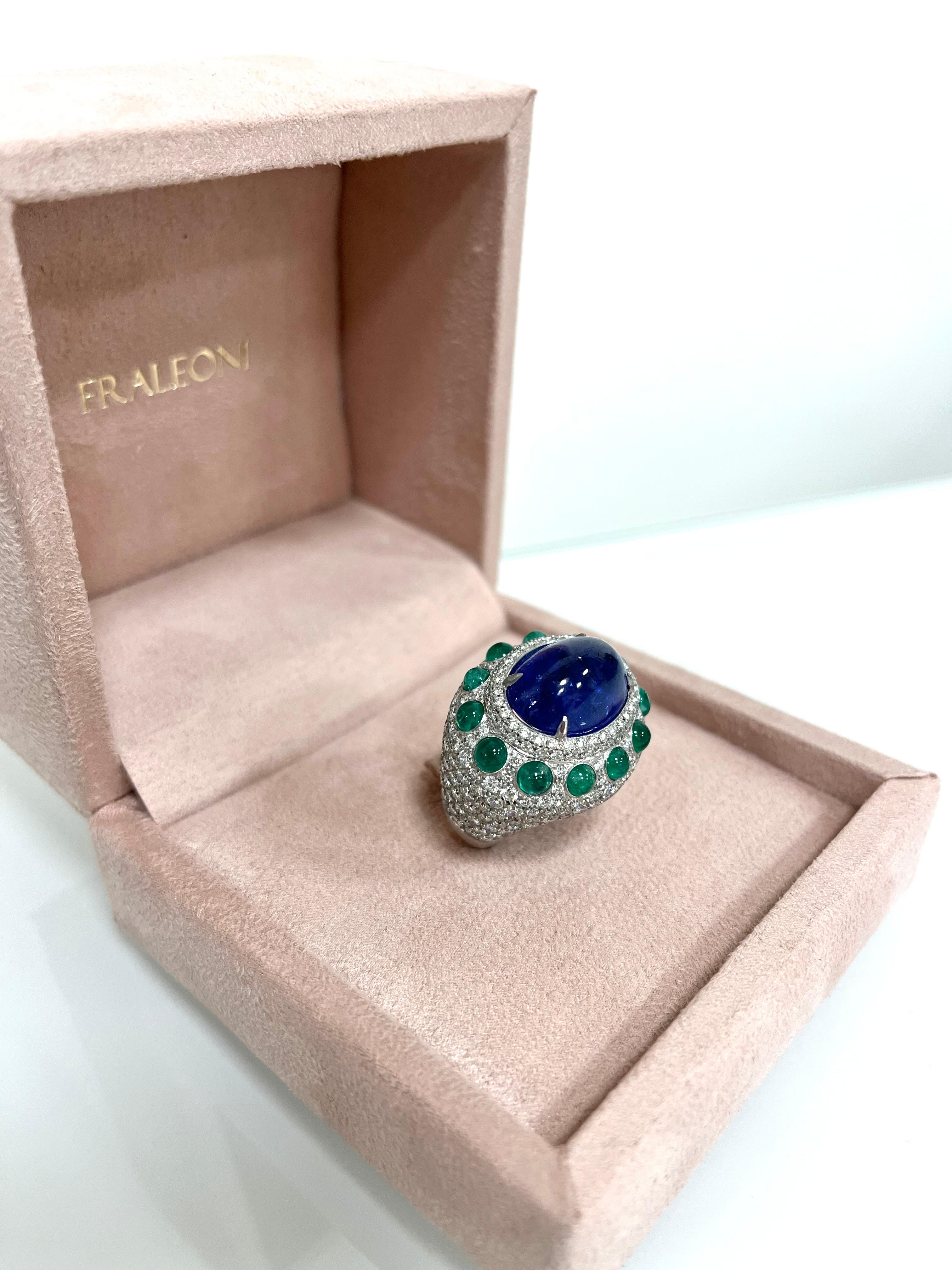 Fraleoni 18 Kt. White Gold Diamonds Emerald Tanzanite Cocktail Ring For Sale 4