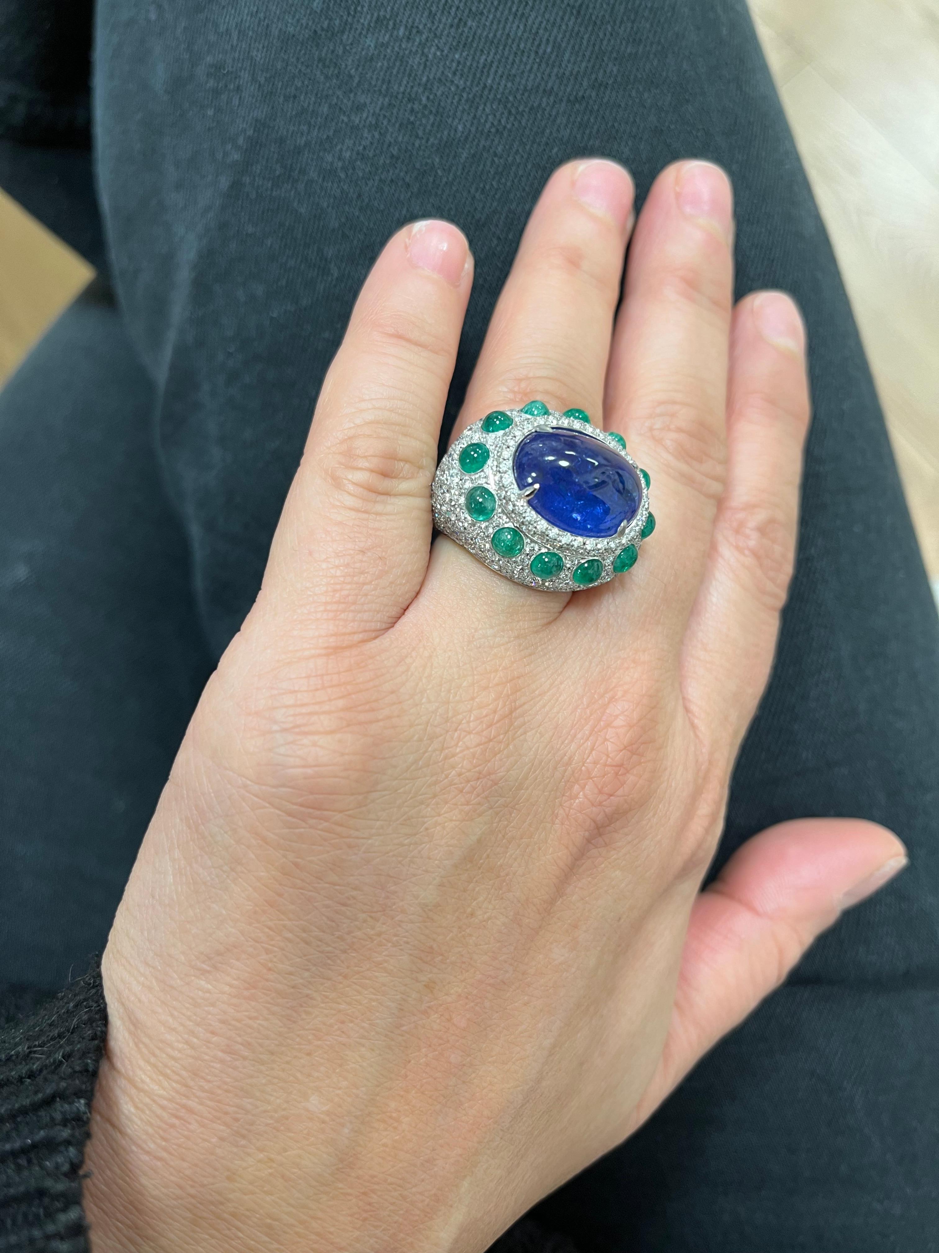 Fraleoni 18 Kt. White Gold Diamonds Emerald Tanzanite Cocktail Ring in vendita 6
