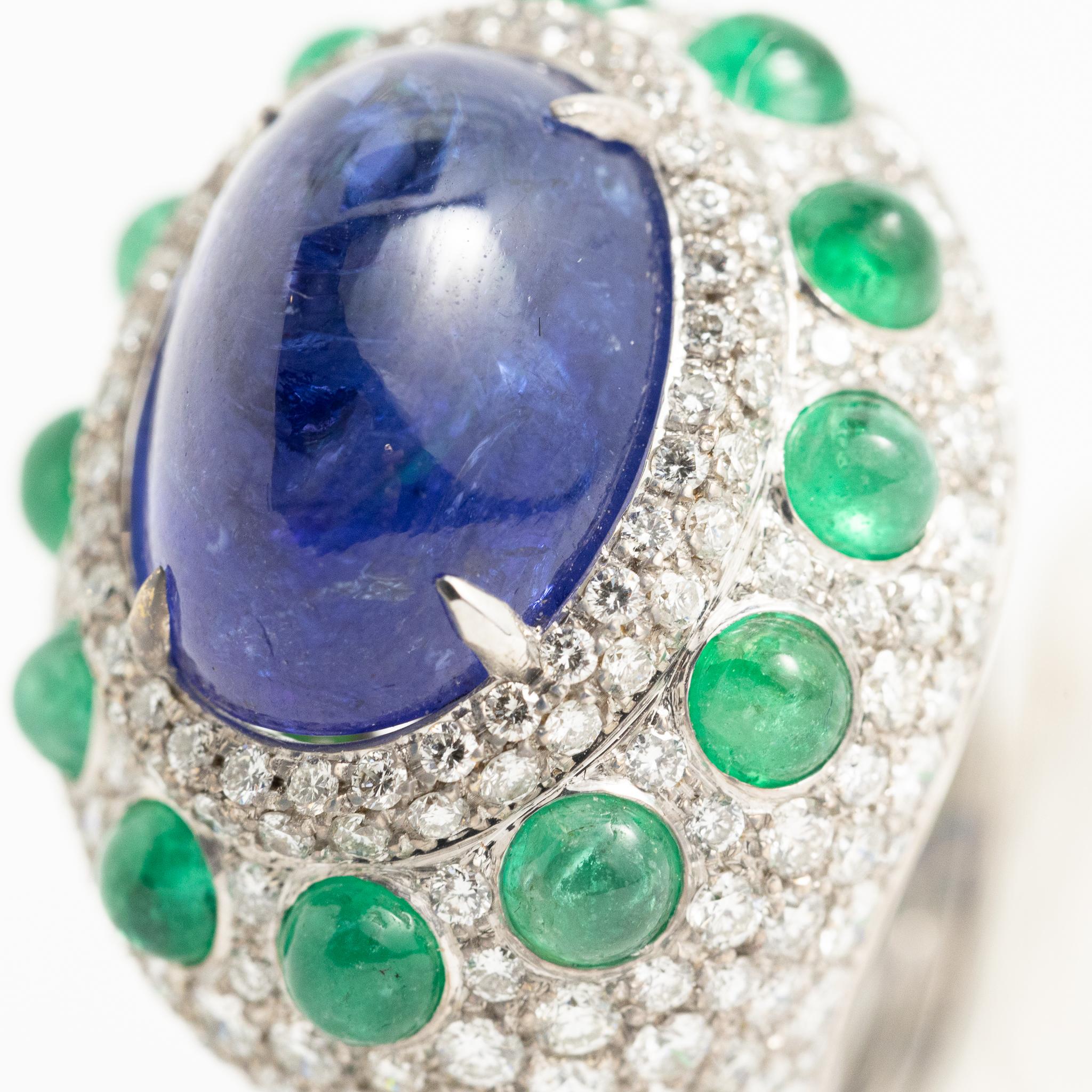 Women's Fraleoni 18 Kt. White Gold Diamonds Emerald Tanzanite Cocktail Ring For Sale