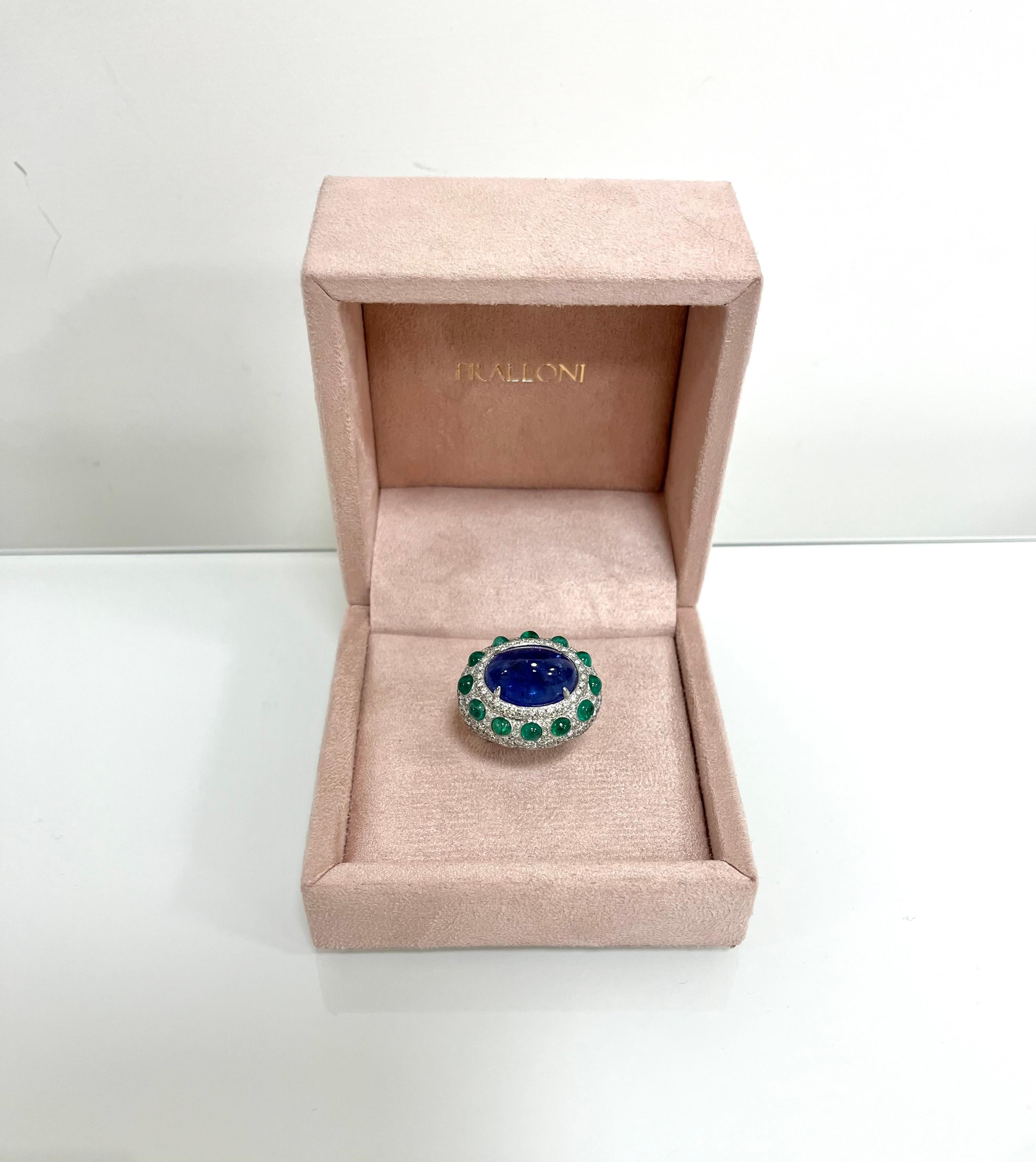 Fraleoni 18 Kt. White Gold Diamonds Emerald Tanzanite Cocktail Ring For Sale 2