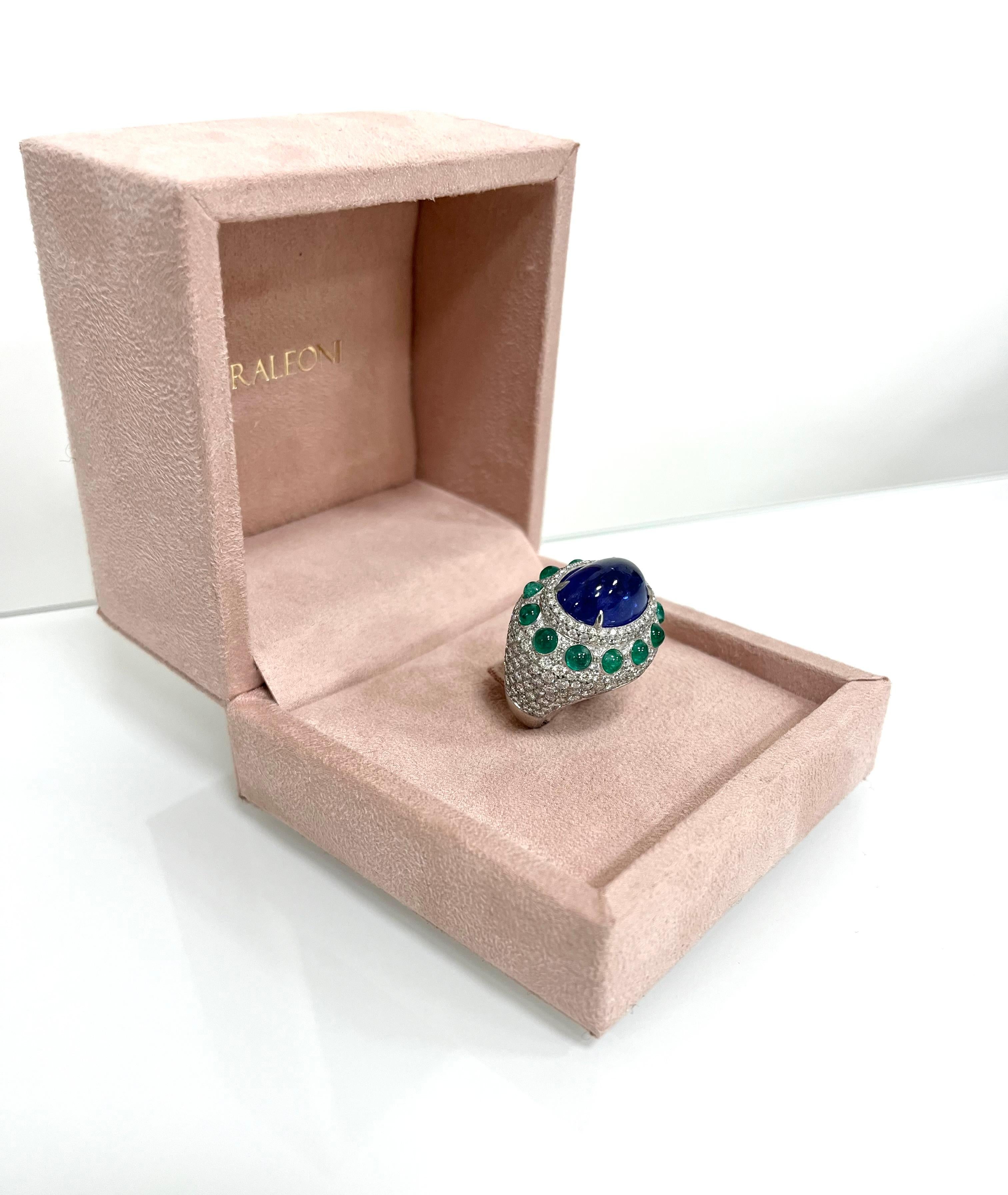 Fraleoni 18 Kt. White Gold Diamonds Emerald Tanzanite Cocktail Ring For Sale 3