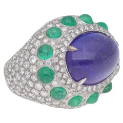 Fraleoni 18 Kt. White Gold Diamonds Emerald Tanzanite Cocktail Ring