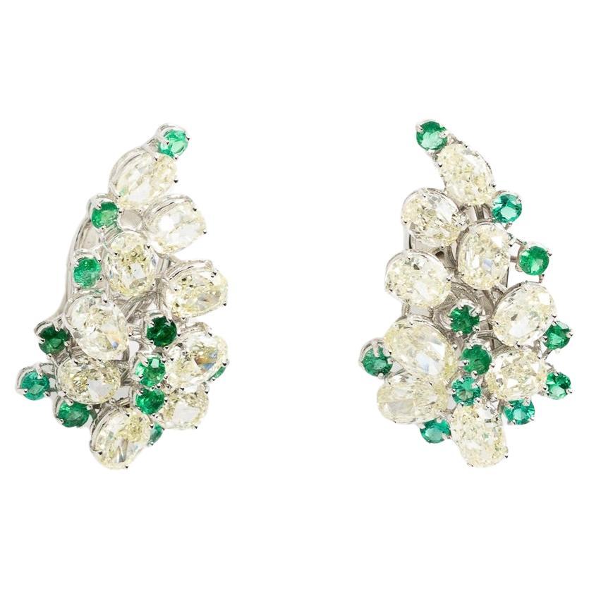 Fraleoni 18 Kt. White Gold Diamonds Emeralds Clip-on earrings For Sale