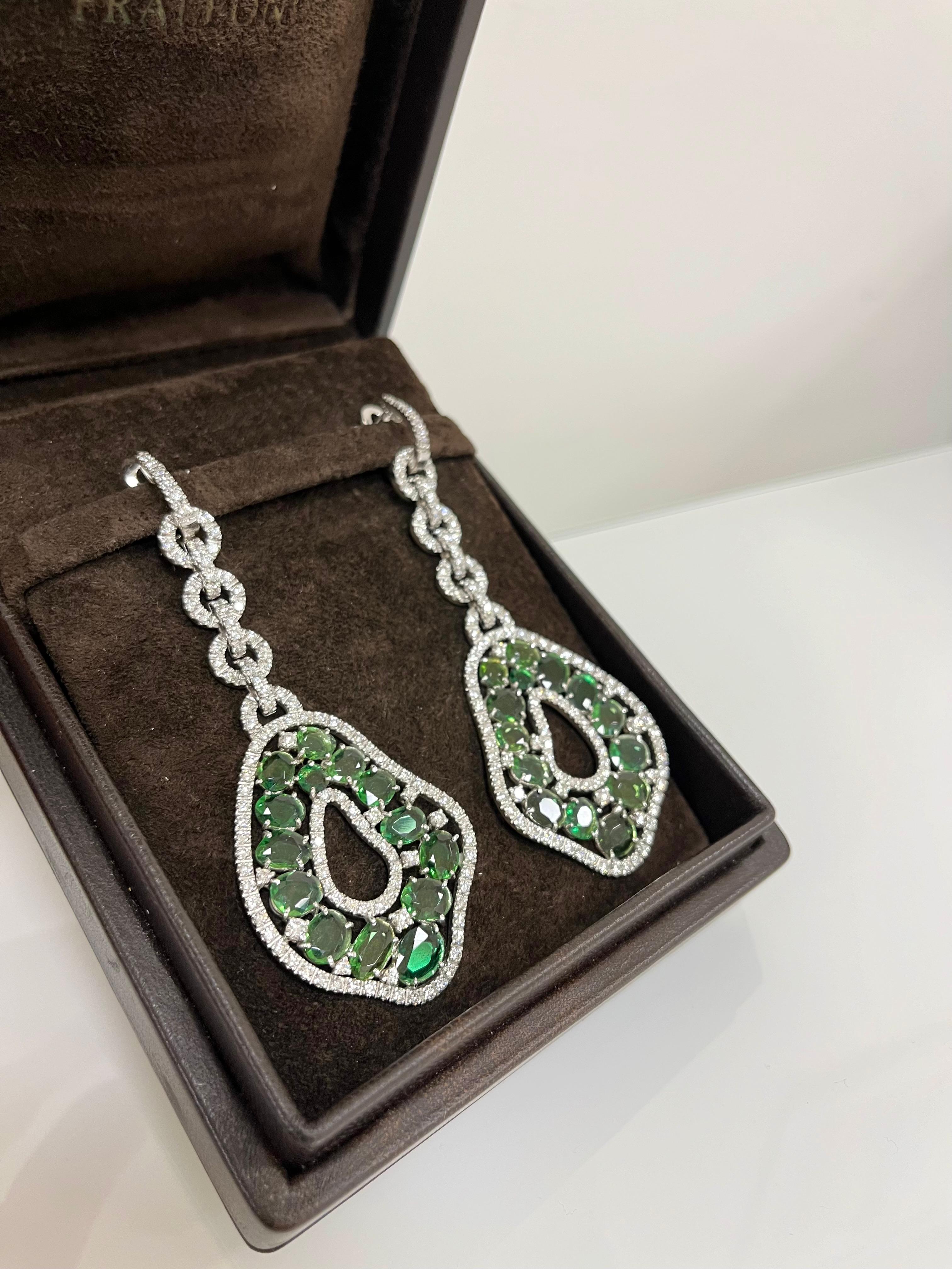 Modern Fraleoni 18 Kt. White Gold Diamonds Green Tourmalines Earrings For Sale