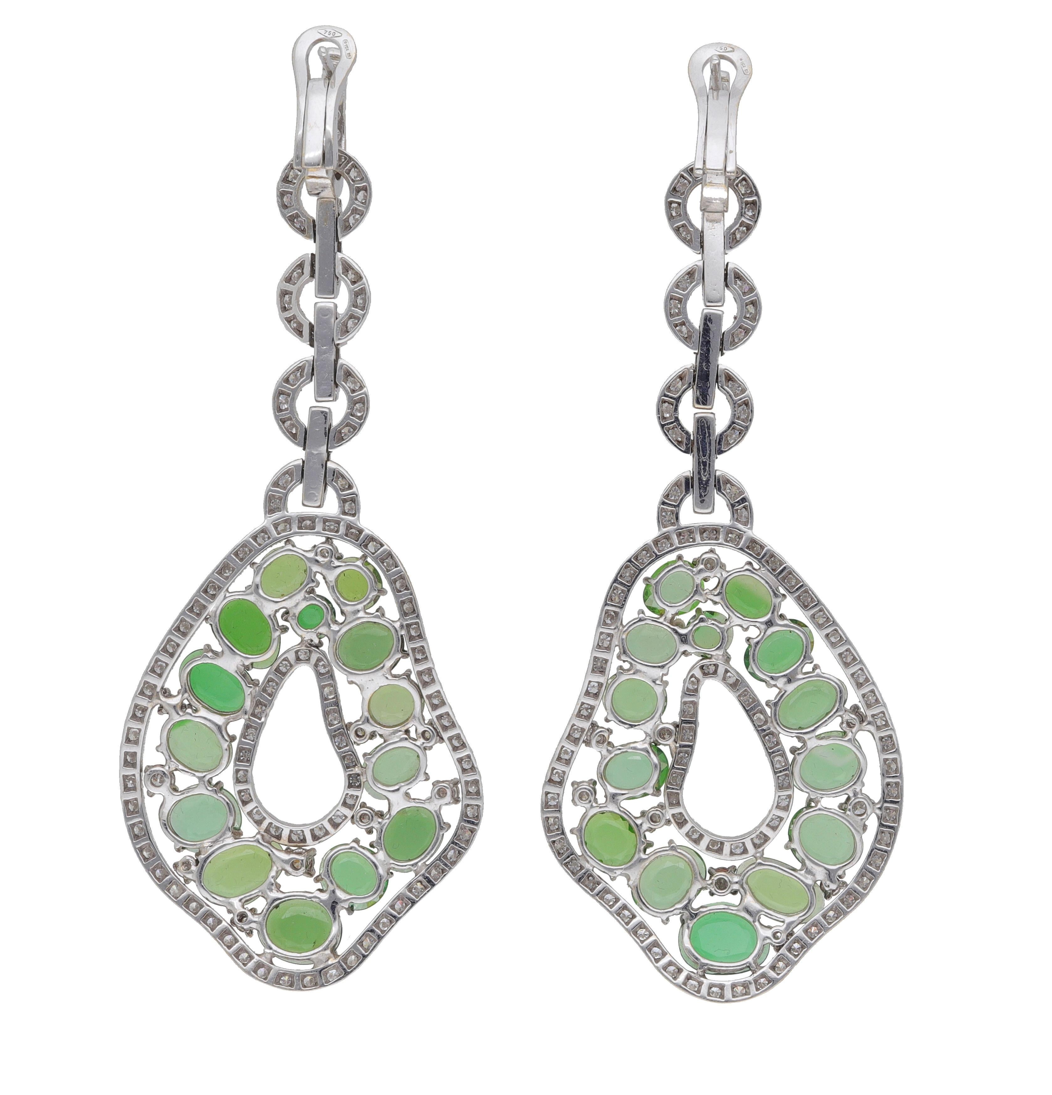 Fraleoni 18 Kt. White Gold Diamonds Green Tourmalines Earrings For Sale 1