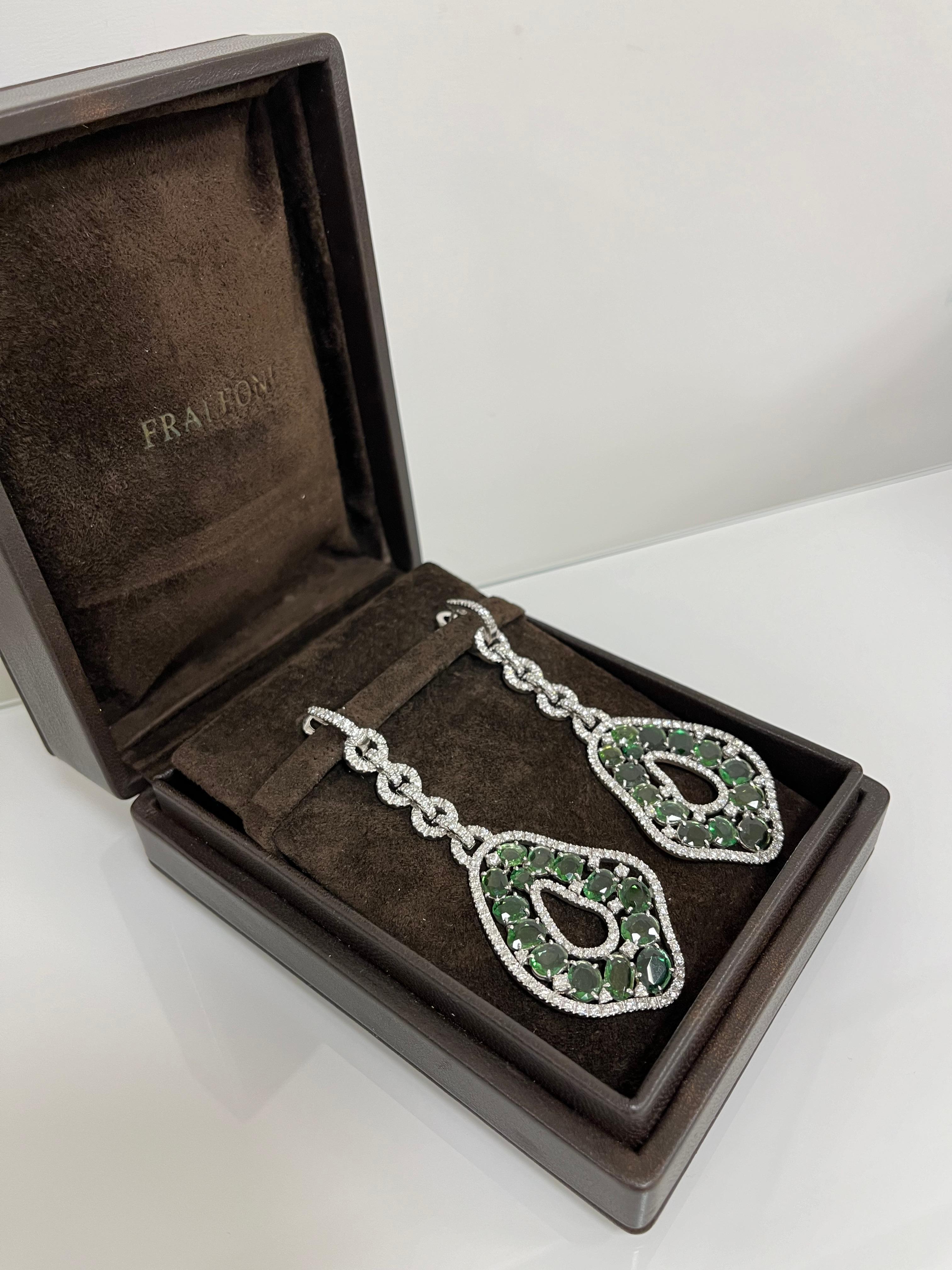 Fraleoni 18 Kt. White Gold Diamonds Green Tourmalines Earrings For Sale 2